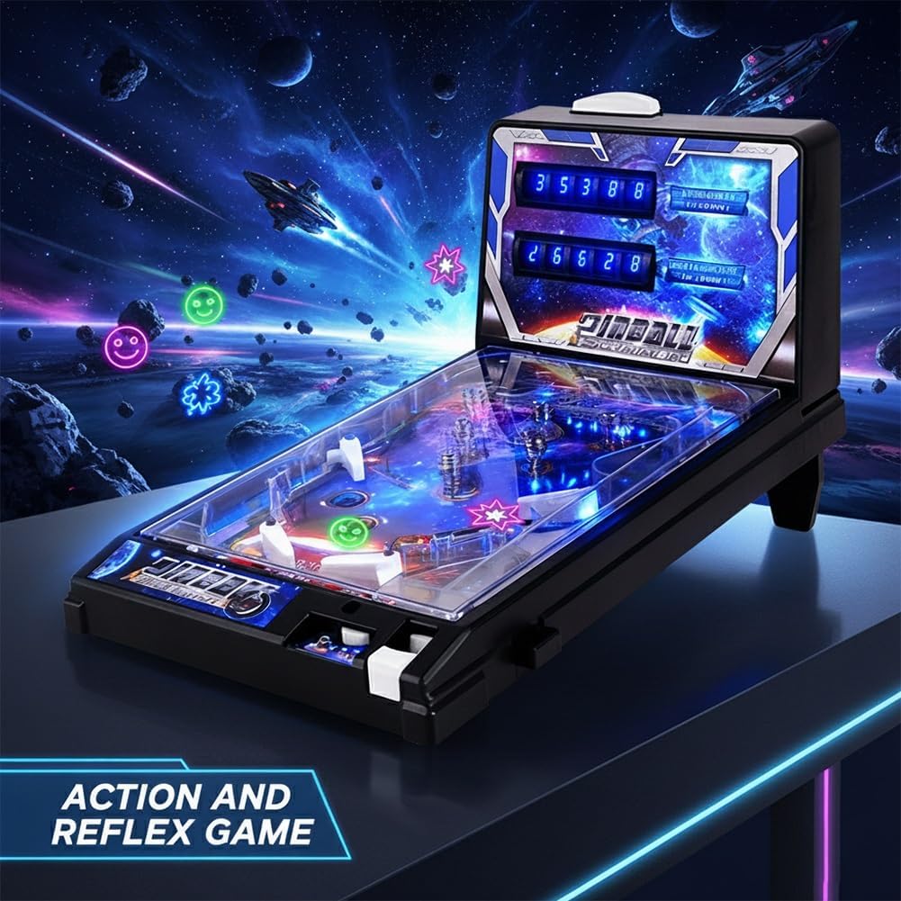 Pinball Machine Table Top Electronic Arcade Game with Lights and Sound Effects, Retro Fun Ball Shooting Machine for Kids Ages 6 to 12 Years