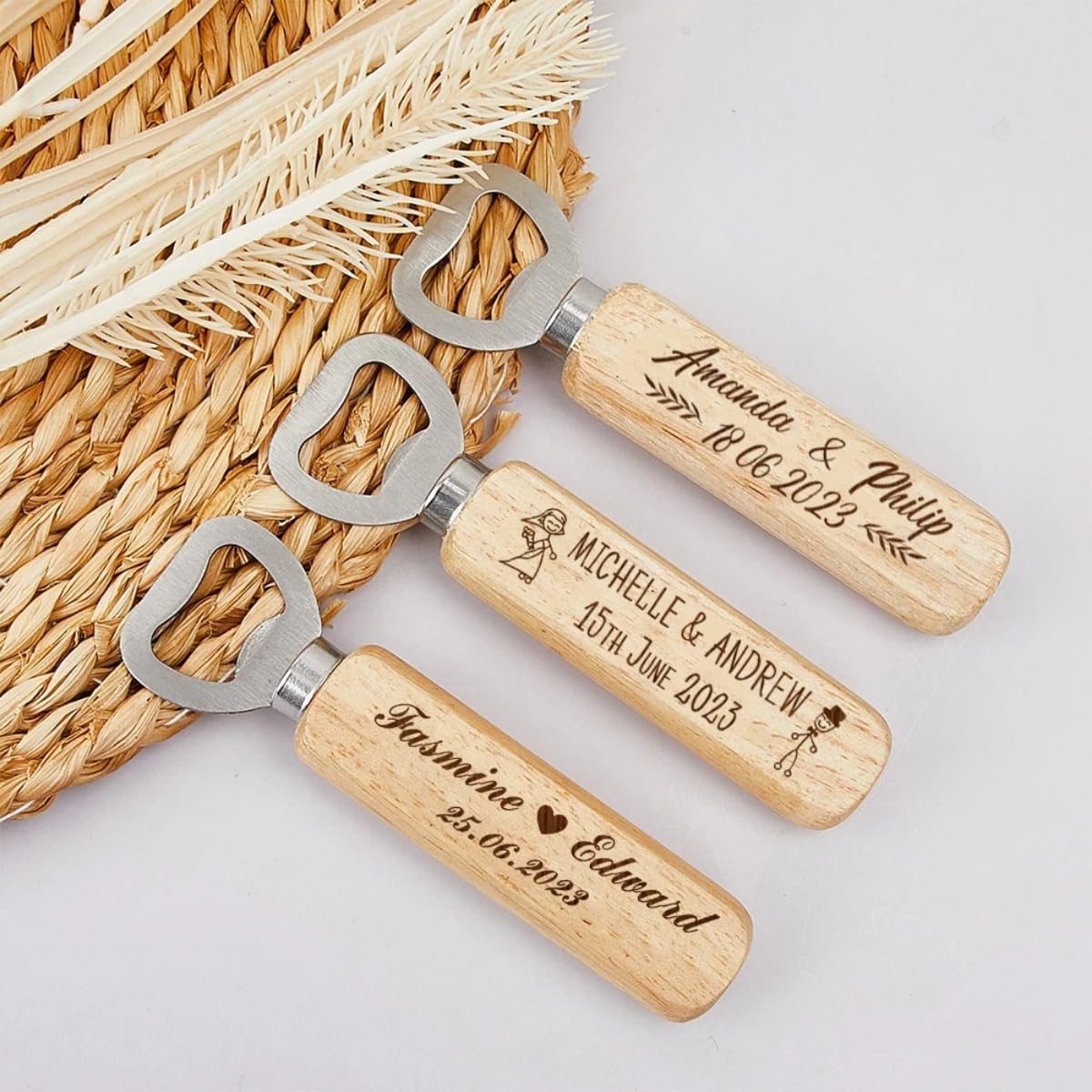 Abrebotellas de madera grabados personalizados, recuerdo de boda, fiesta, abrebotellas de cerveza de madera personalizados (40 unidades)
