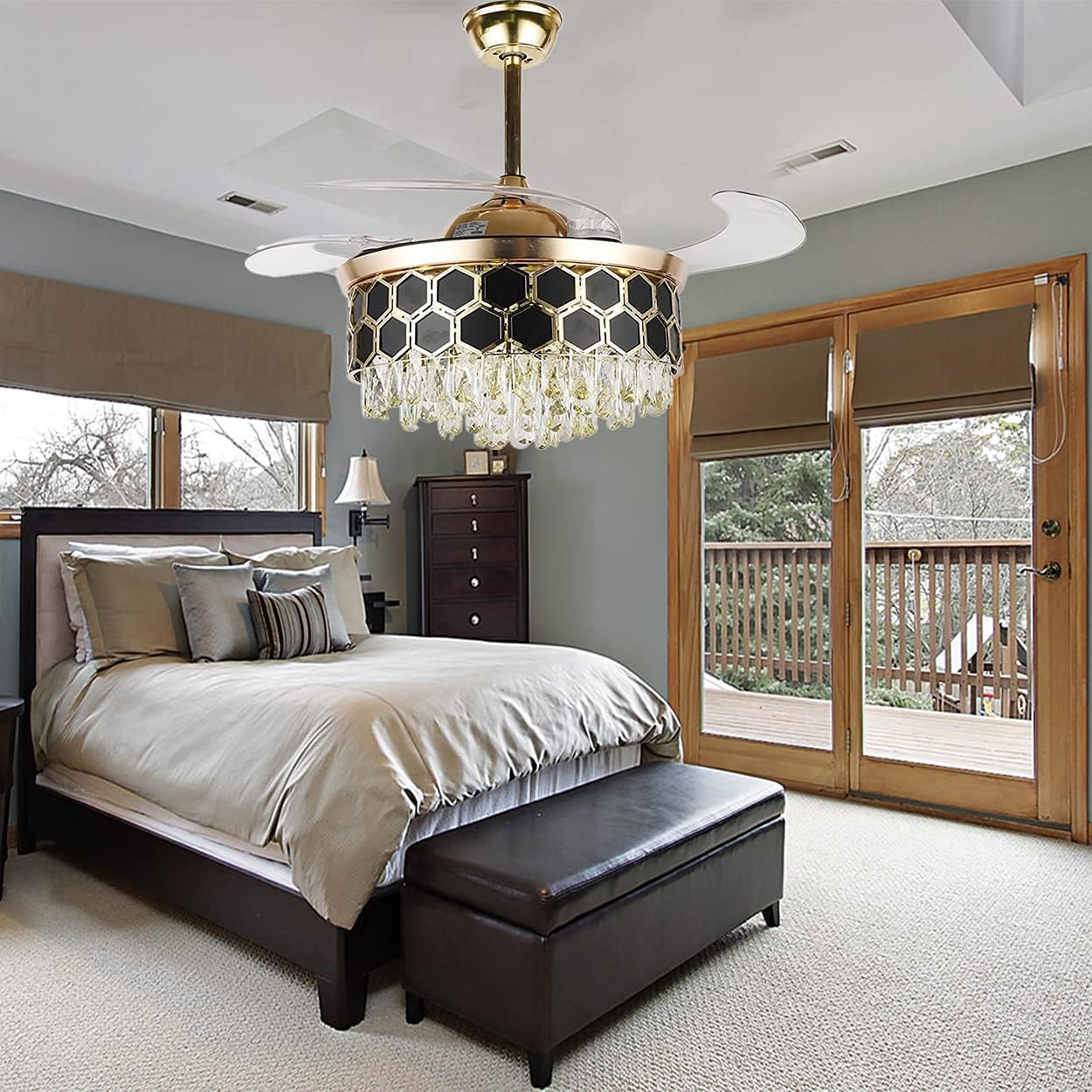 Fandelier Crystal Ceiling Fan Lights with Remote, Modern 42 Hidden Retractable Chandelier with 3 Colors 3 Speed Fan Chandelier Lighting for Bedroom Dining Living Room (Gold+Black)(DS-FH03)