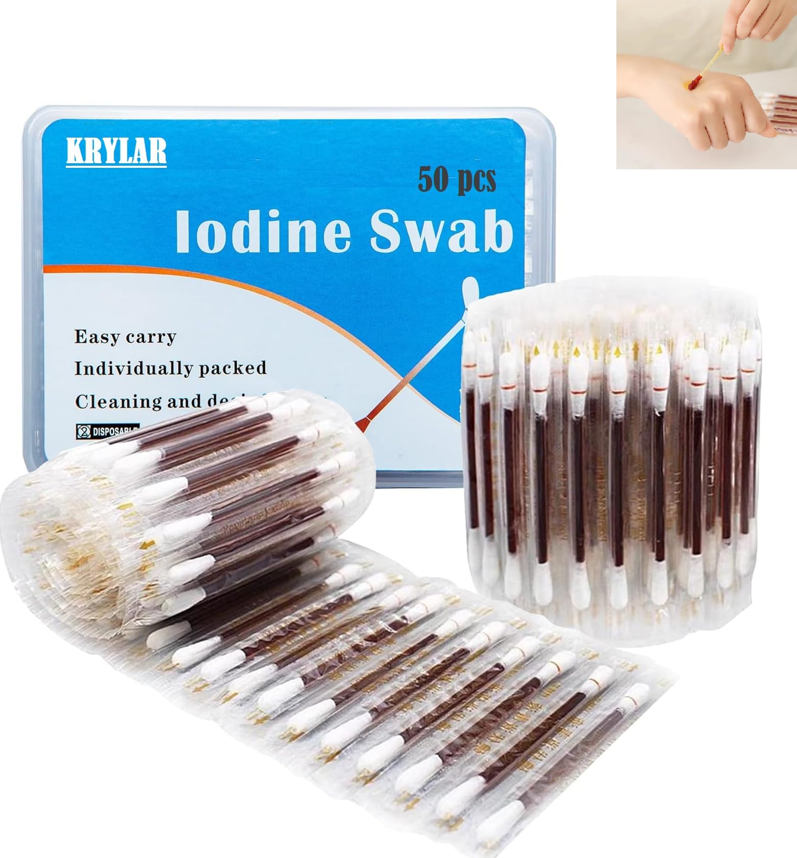 KRYLAR-50pcs iodine Swabs Individually Wrapped Disposable iodophor Swabsticks Sanitary First Aid Kit Emergency Wound Care Safety for Adult Kids,Outdoor,Portable Medical Cotton Swabs Nose and Ear Car.-image-33