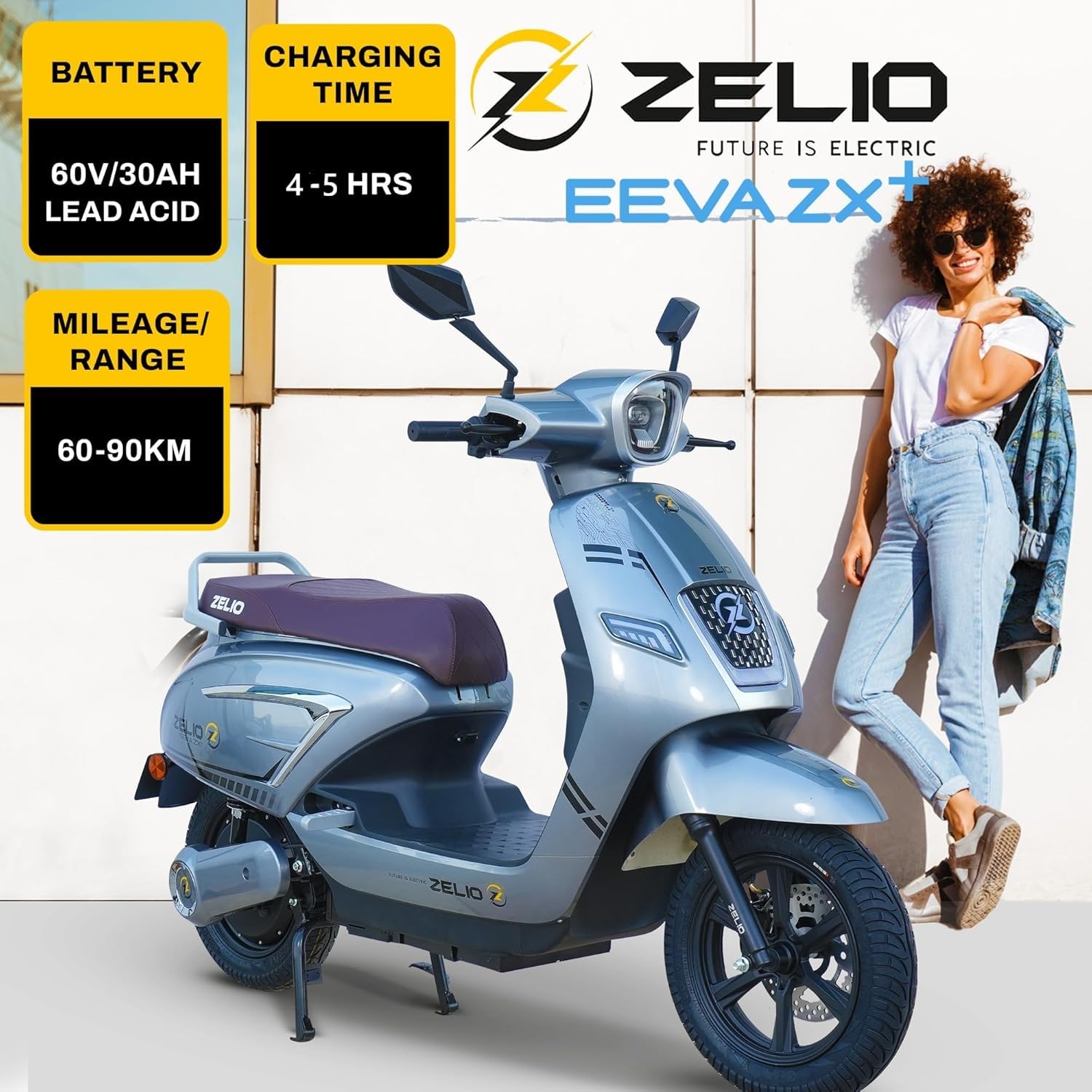 ZELIO EEVA ZX+ Electric Scooter - 60V/32AH Battery, 55-60 km Range