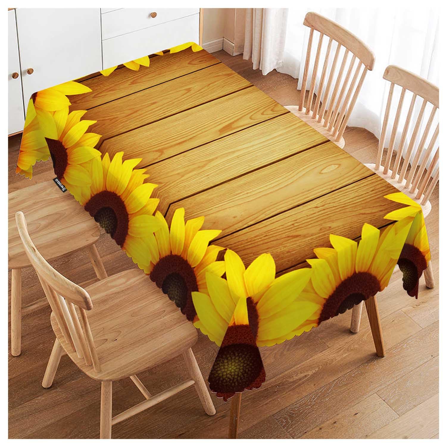 FJQWKLF Tablecloth 52"X70" Sunflowers, Beautiful Sunflowers Wooden Plank Rectangle Table Cover Anti-Oil Tablecloth for Dining Tables, Parties, Wedding and Banquet Decoration