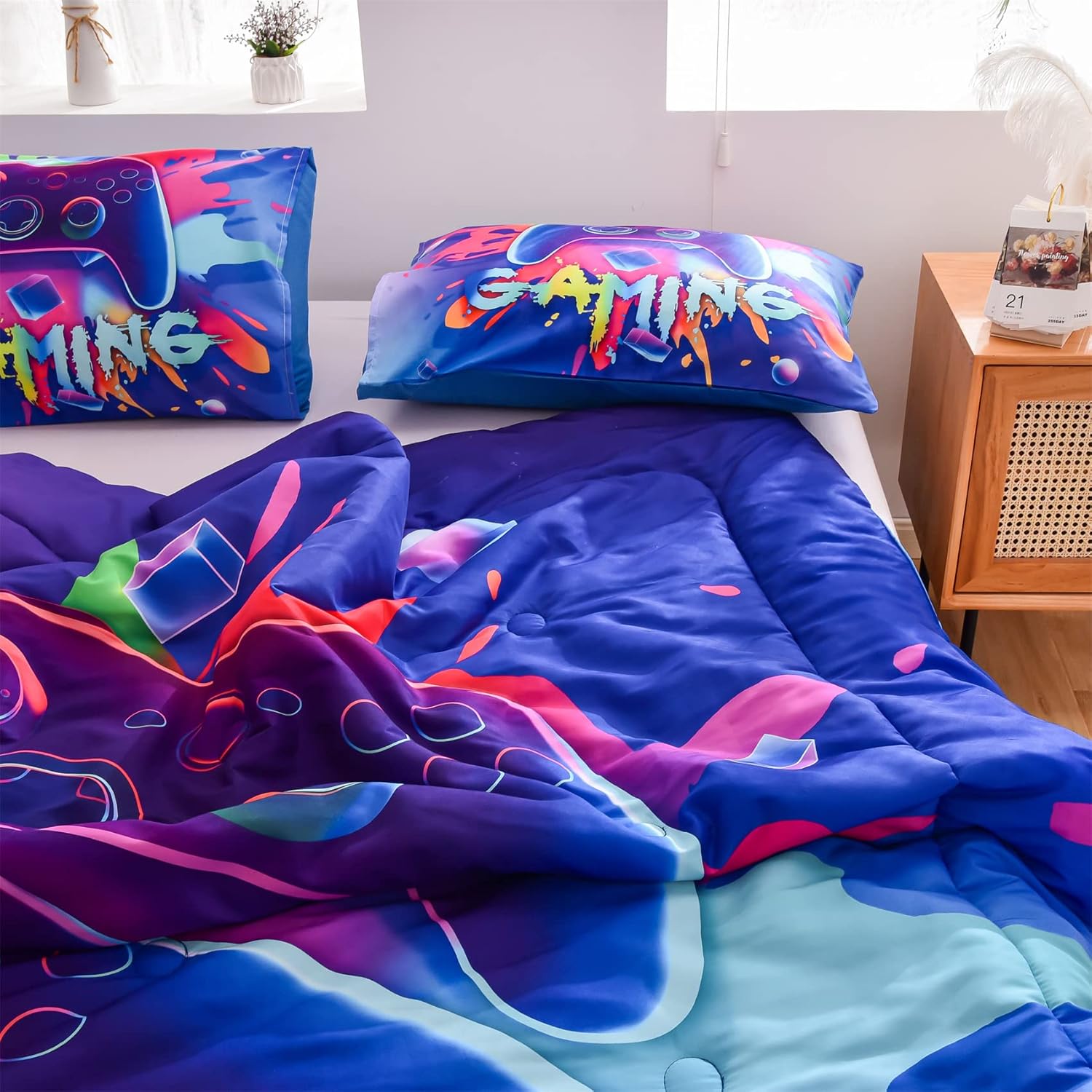 Aimuan Gaming Comforter Sets for Boys Kids Bedding Sets Video Games Console Action Buttons Novelty Colorful Game Gamepad Controller Modern Gamer Room Decor Home Quilt Set (Twin, Purple) - Image 6