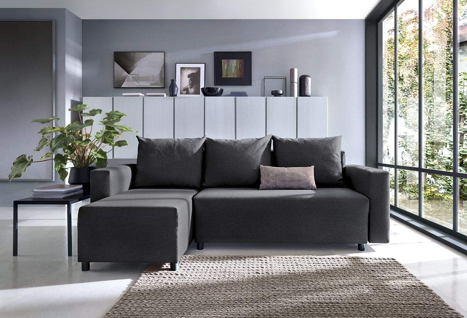 Abakus Direct Oslo Corner Sofa Bed with Underneath Storage in Black Linen Fabric - Left