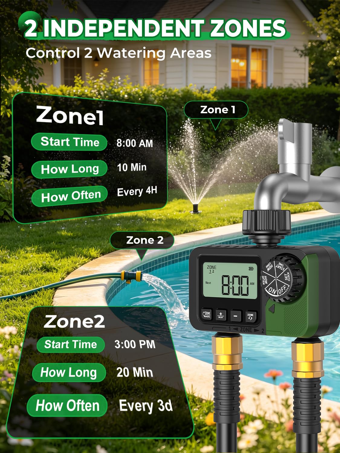 Temporizador de aspersor de 2 tomas, temporizador programable de manguera de agua con retardo de lluvia/sistema de riego manual/automático, riego automático digital al aire libre para jardín, patio