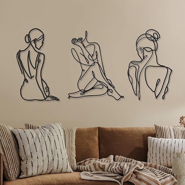 3 Pieces Metal Wall Art Decor Minimalist Abstract Woman Wall Art Modern Line Drawing Wall Art Decor Metal Female Single Line Wall Home Hanging for Bedroom Kitchen Bathroom Living Room (Black, Retro)