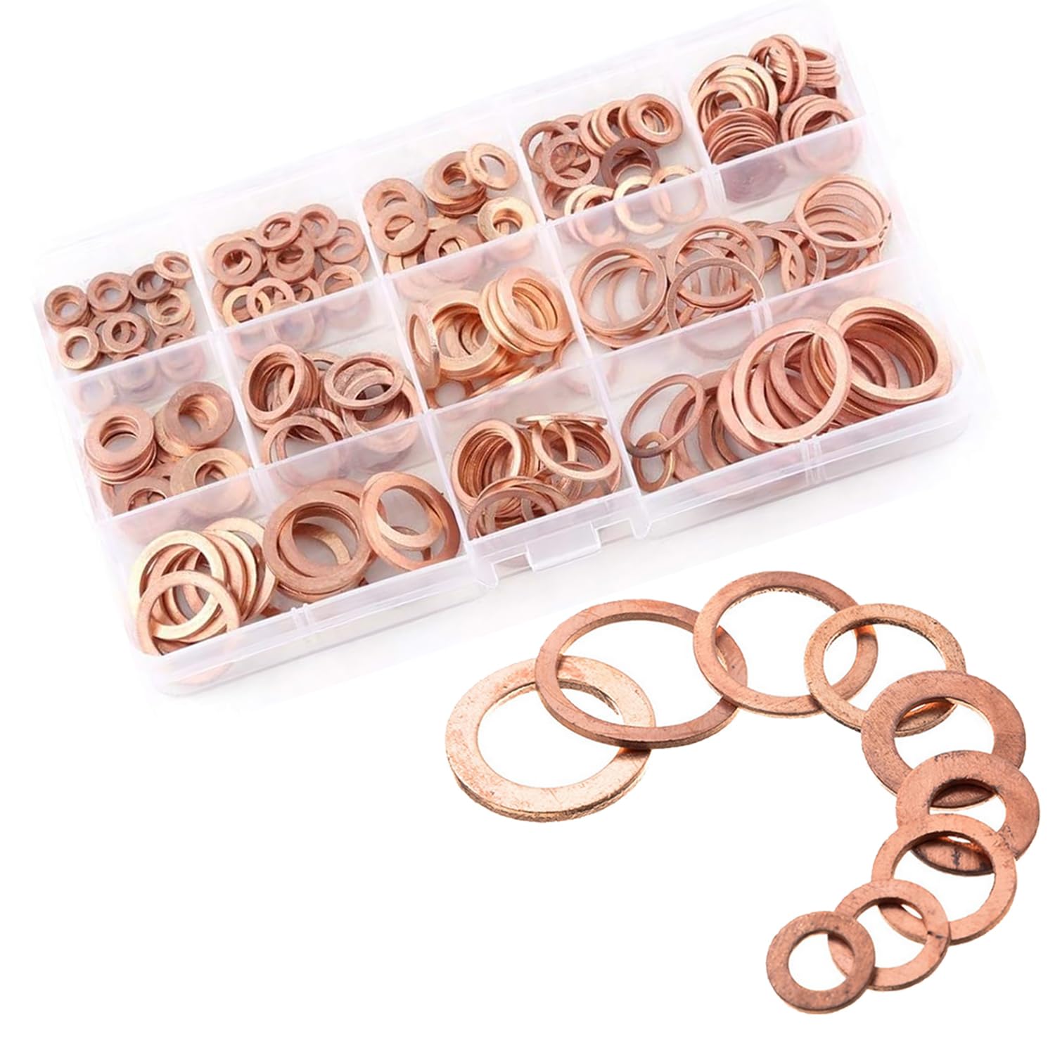200 Pcs Assorted Copper Flat Washers Set with Storage Box, 9 Sizes Sealing Rings for Automotive, Electronics, and Plumbing