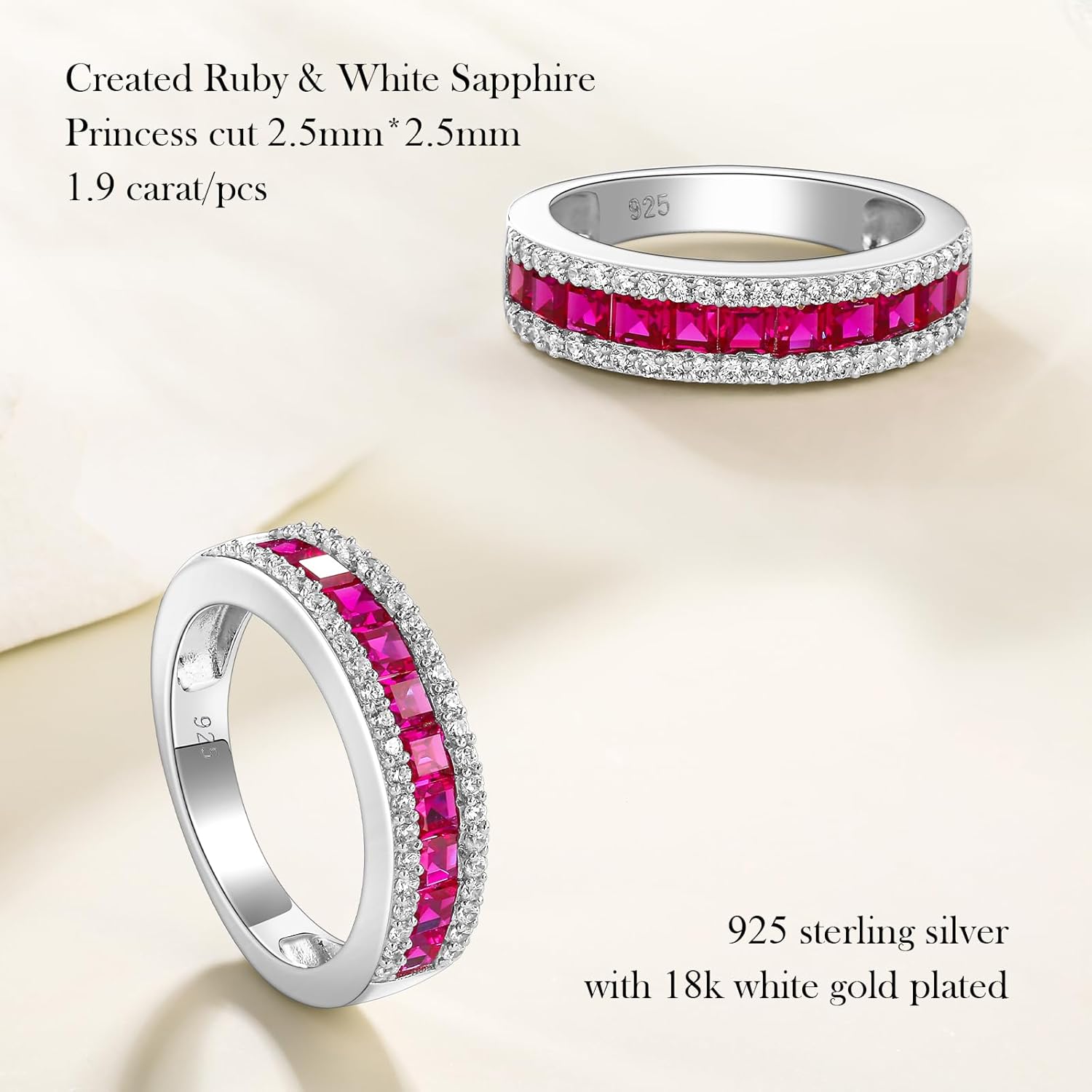 925 Sterling Silver Thick Band Rings for Women Men Channel Set Half Eternity Wedding Anniversary Band Sapphire/Emerald/Ruby/Topaz Gemstone Birthstone Ring Size 6 to 10