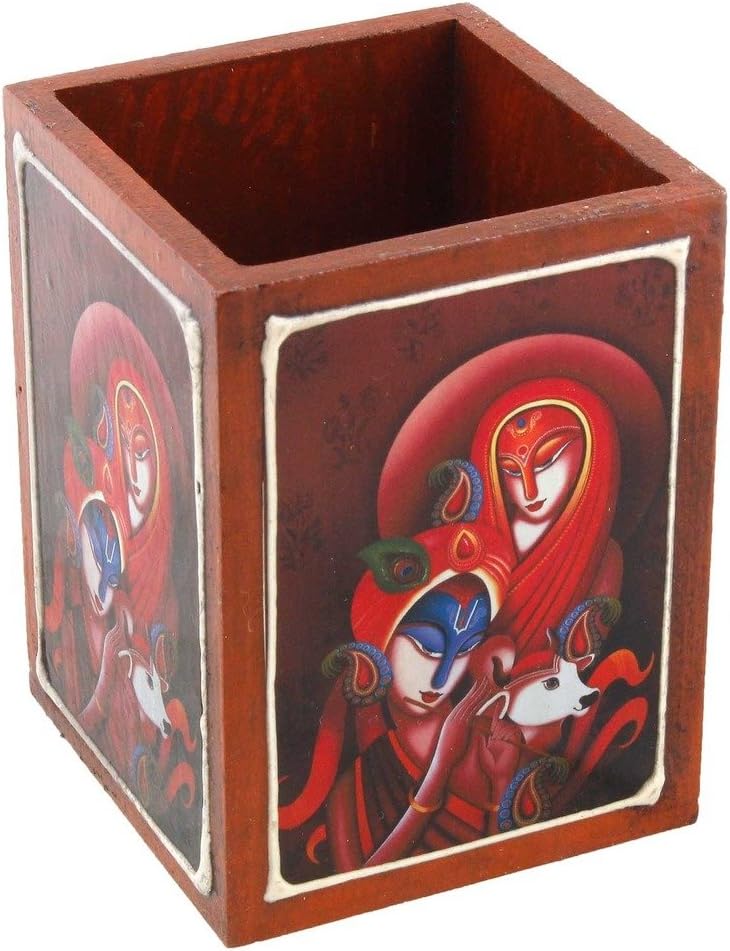 Priglobal PVT LTD | Home decor | Home Decorative Items in Living Room, Bedroom | Radha Krishna Painted Wooden Pen Stand Handicraft