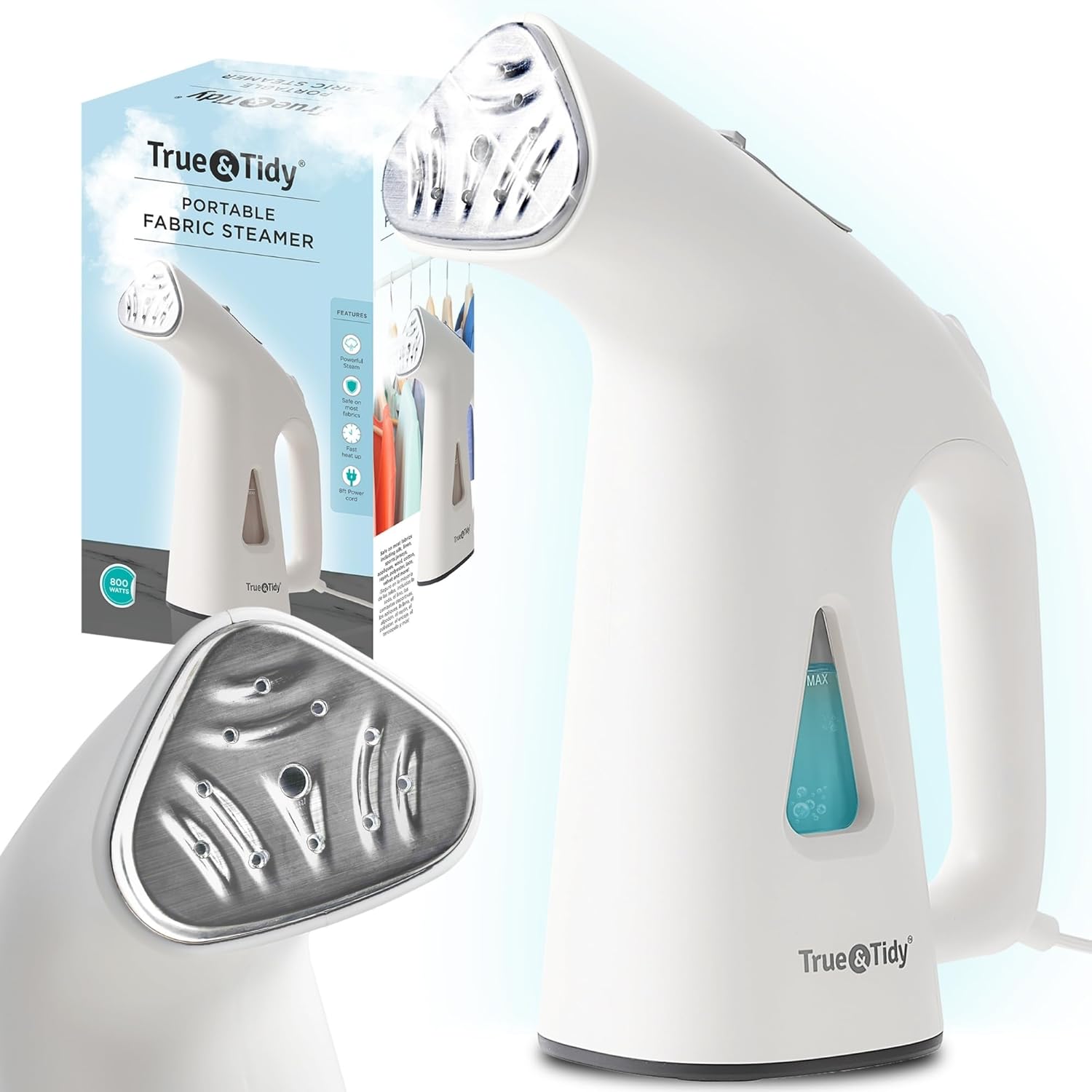 True & Tidy Compact Handheld Garment Steamer for Clothes, Travel Steamer with Stainless Steel Nozzle, 800 watts, White