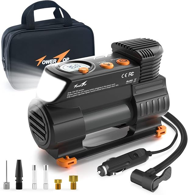 TowerTop Tyre Inflator Air Compressor: Portable 12V Car Tyre Pump Digital Car Tyre Inflator with Tyre Pressure Gauge, 2X Faster Inflator for Car, Bike, Motorcycle, SUV,Pickup, Ball