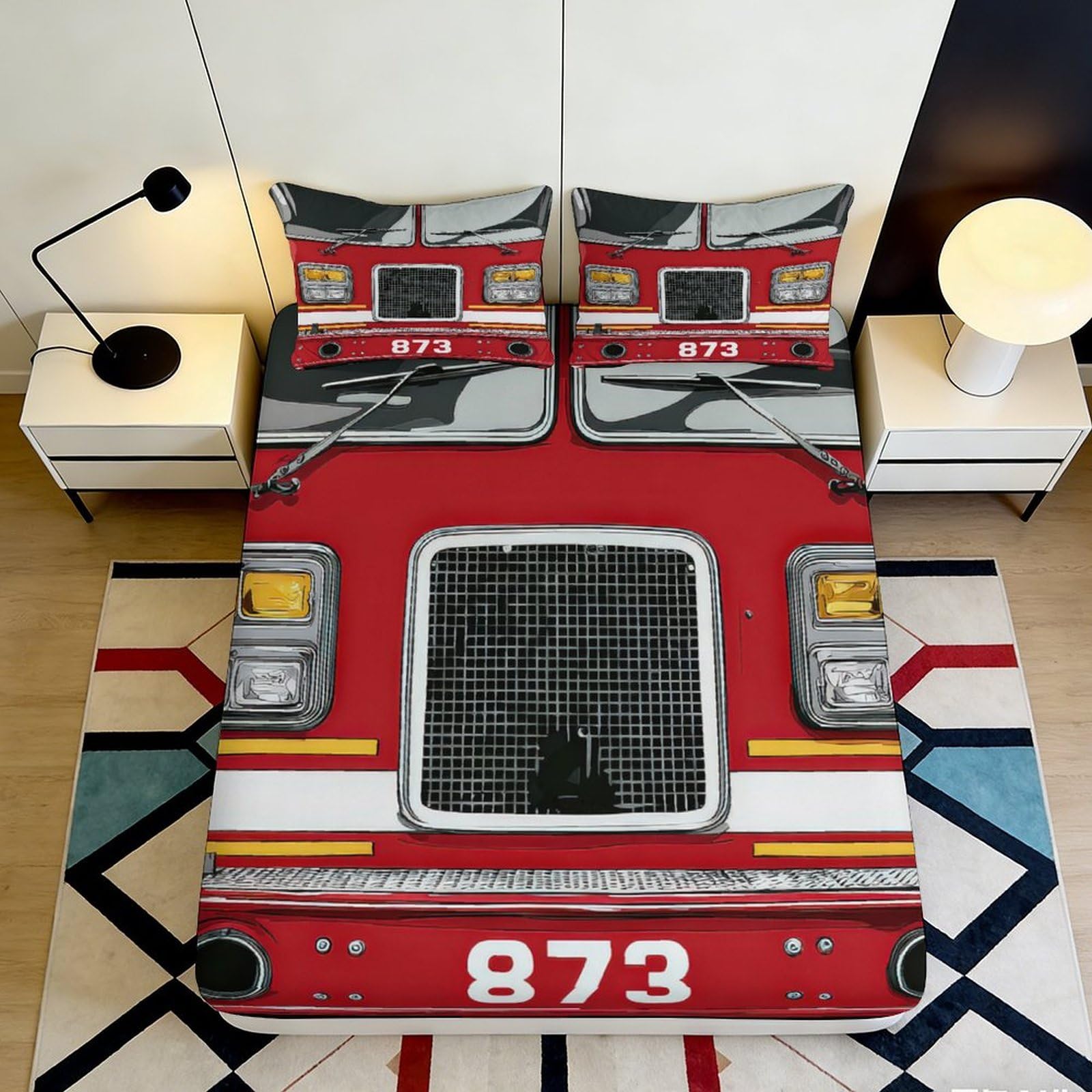 3D Printed Fire Truck Fitted Sheet, Red Microfiber Soft Touch, Bed Sheet for Home Bedroom Guest Room, Wrinkle Resistant, Apartment Bedding, 120x200cm 90x200x25cm