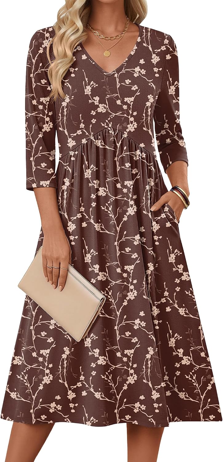 Zeagoo Summer Dresses for Women 2026 3/4 Sleeve Women's Dress Casual Midi Tshirt Dresses with Pockets Semi-Formal Sundress