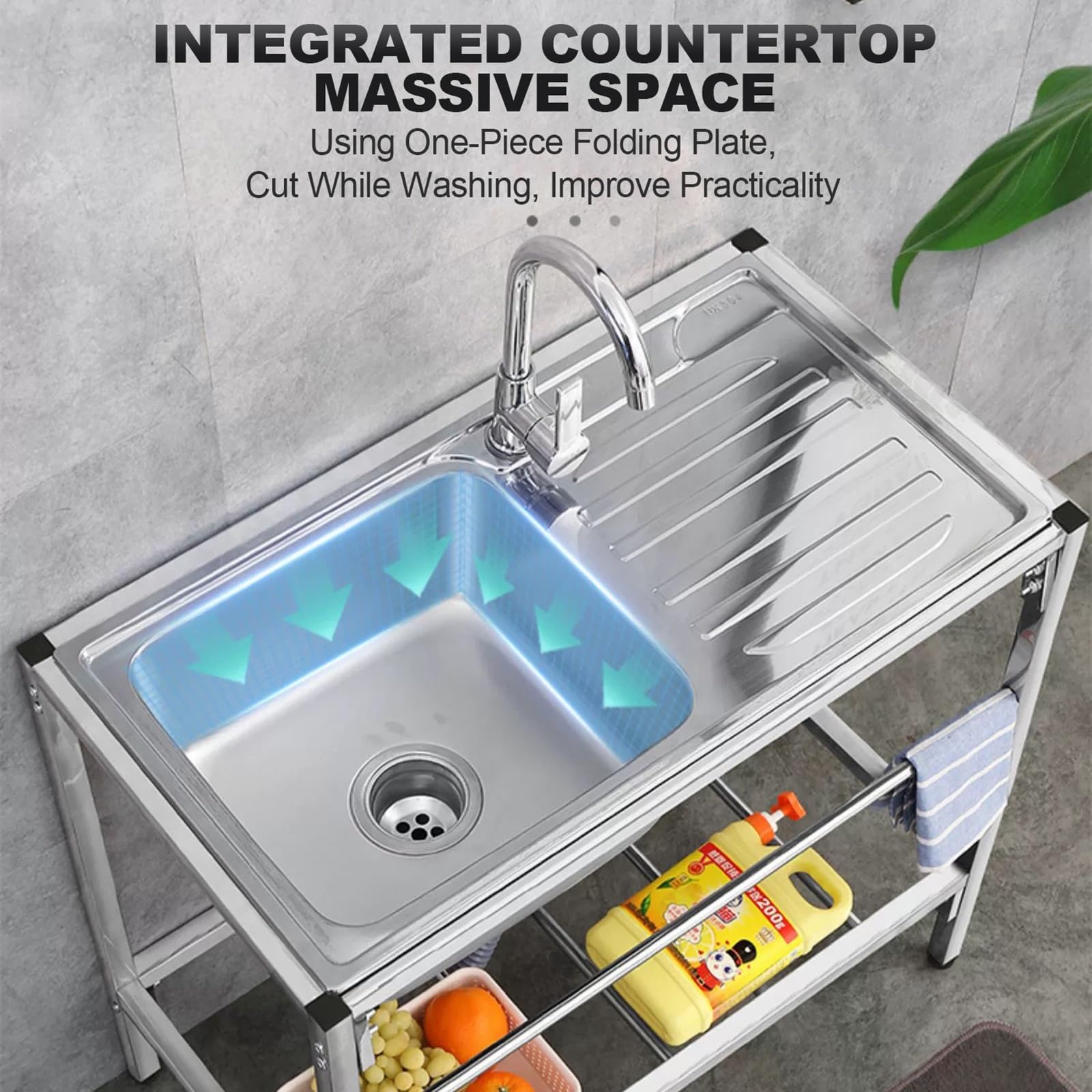 SDdPulse Lavello da cucina in acciaio inox con scolapiatti per rubinetto commerciale e ripiani portaoggetti, lavello autoportante per stanza, garage, cantina, uso esterno e interno, caldo e freddo