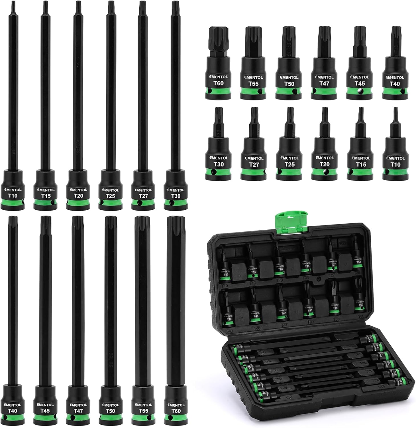 EMENTOL 24PCS 3/8" Drive Impact Torx Bit Socket Set, Extra Long Star Bit Sockets, T10-T60, Cr-V and S2 Alloy Steel