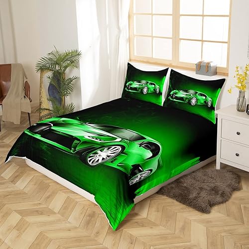 Miniatura 2 de Feelyou Juego de funda de edredón de coche deportivo, ropa de cama verde de carreras para niños y niñas, edredón de deportes extremos, velocidad