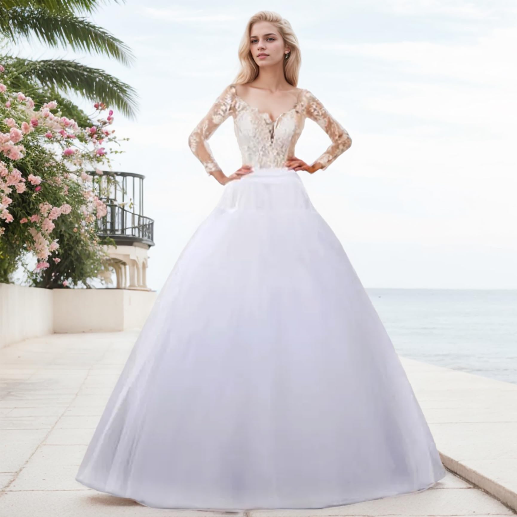 Sottogonna in Crinolina da Donna Sottogonna in Tulle gonfio a 8 Strati con Fodera Raso Sottoveste Lunga Senza Cerchio con Corda Vita Regolabile per Matrimoni Eventi Costume.