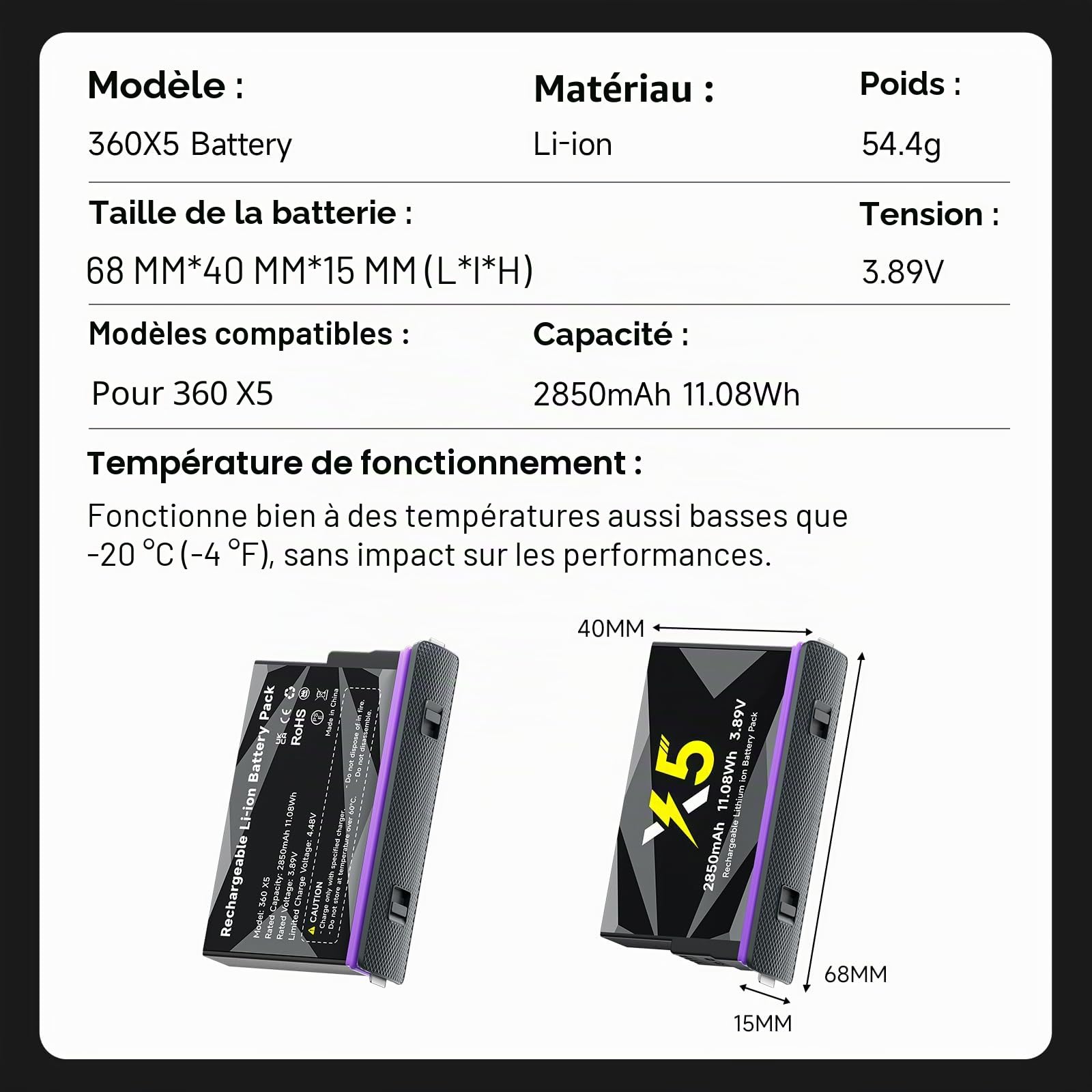 CITYORK [Lot de 3] Batterie de rechange 2850 mAh pour appareil photo de sport Insta360 X5, batterie rechargeable pour accessoires Insta360 X5, longue durée de vie, remplacement facile [avec boîtier