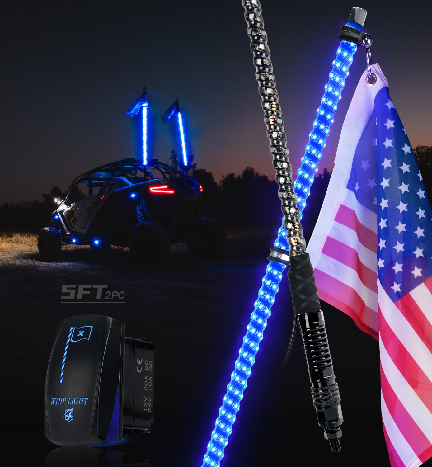 Xprite 2pc 5ft Blue Spiral Led Whip Lights 