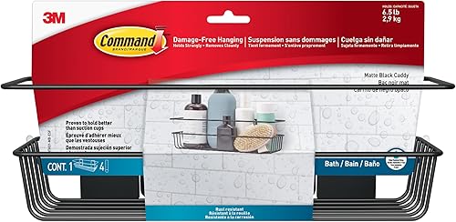 Command Organizador de ducha negro mate con tiras resistentes al agua, organizador de baño, soporta hasta 6.5 libras