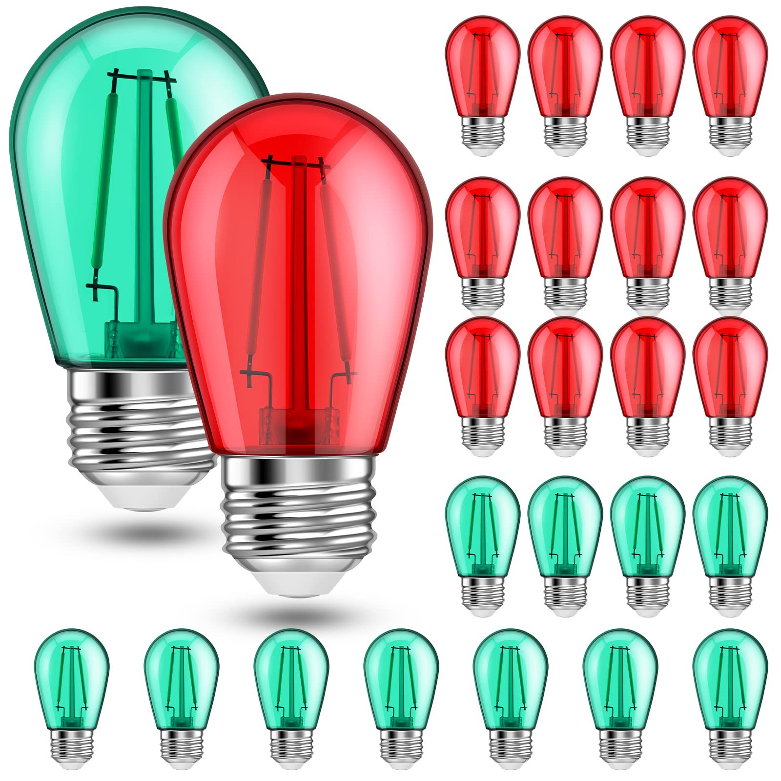 Lanties Christmas Red and Green S14 LED Light Bulbs Colored Bulbs Replacement String Lights 2 Watt E26 Base for Indoor Outdoor Village, Patio, Porch, Bistro Decor(25 Pieces)