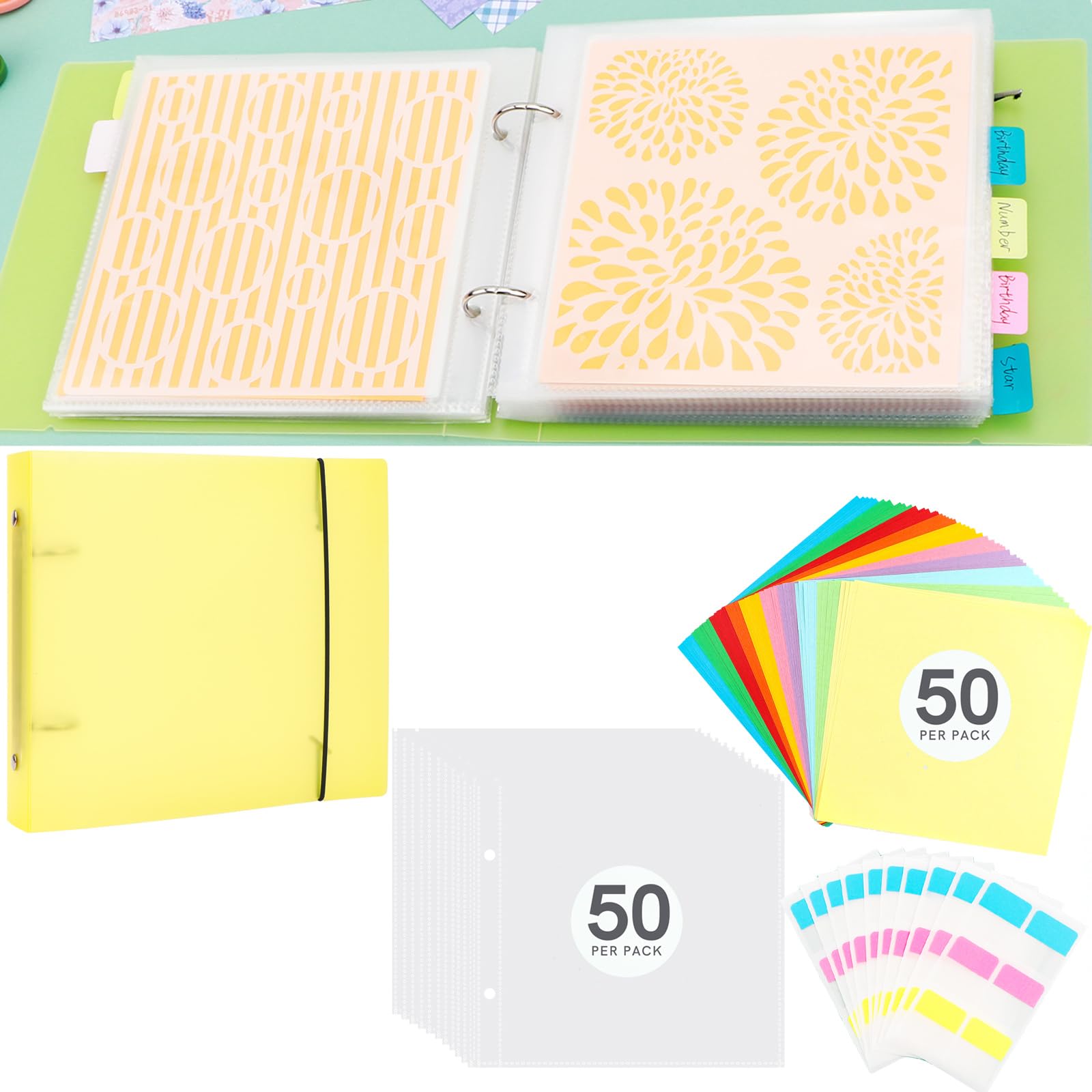 111PCS/Sets 6"x6" Cookie Stencil Storage Binder, Die Cuts and Stamps Storage Binder Holder Baking Stencil Organizer Scrapbooking Cutting Dies Storage Stencil Holder Book Collection Case Folder(Yellow)