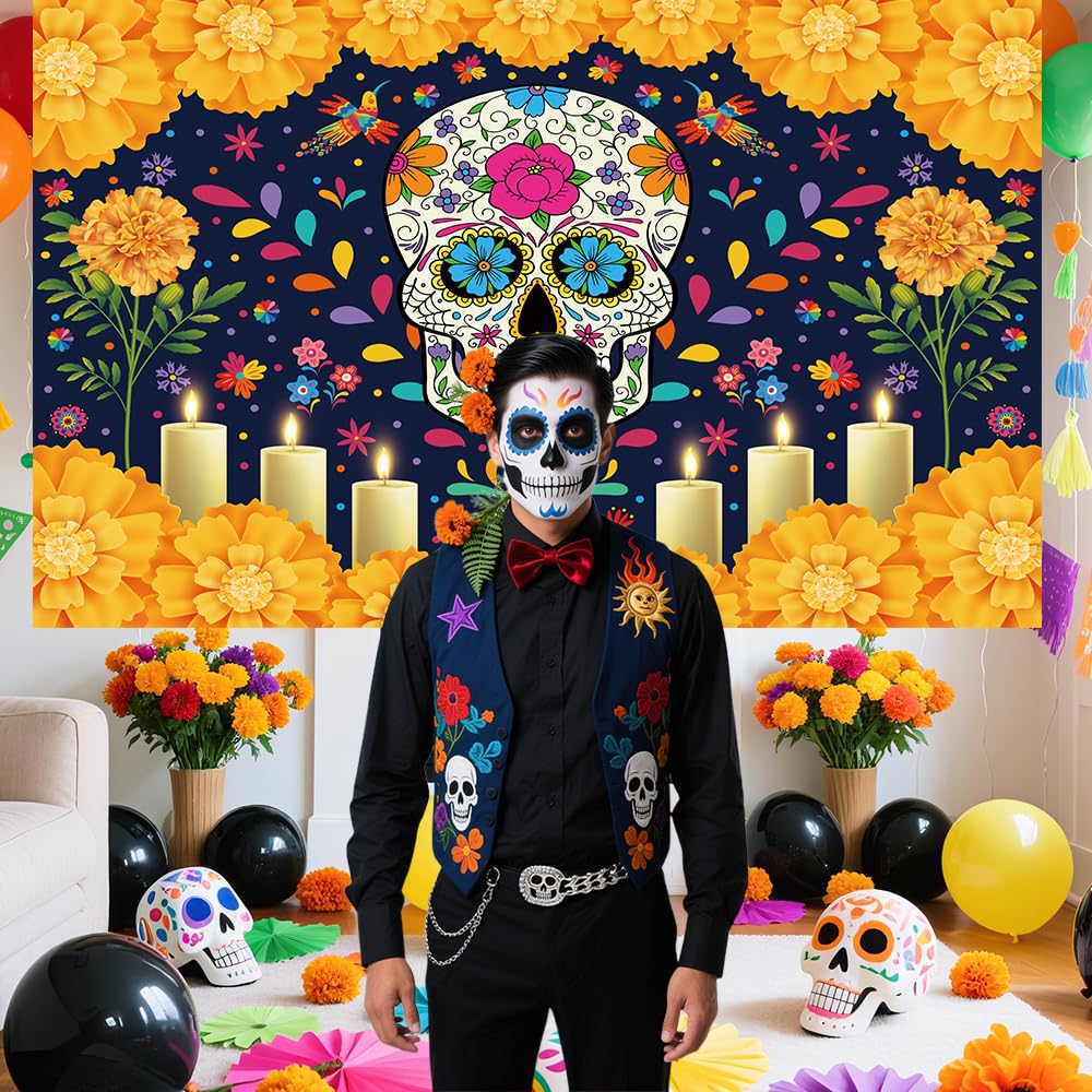 Garagentor-Dekoration „Dia De Los Muertos“ – Mit Zuckerschädeln & Ringelblumen, Inkl. Band & Schnallen | Für Fiestas & Fotohintergründe