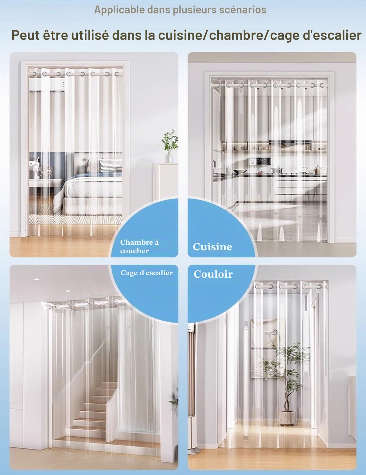 Rideau de Porte Thermique Anti Chaleur Porte D'entrée Isolant Anti Froid et Chaleur, Rideaux de Porte Thermiques avec Tige Télescopique, PVC Transparente Rideau pour Climatiseur