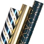 Ribbli Teal Gold Fathers Day Wrapping Paper Mini Roll, 3 Rolls Birthday Gift Wrap for Men Boy Friend Wedding - 17 inch x 120 inch(10feet) Per Roll