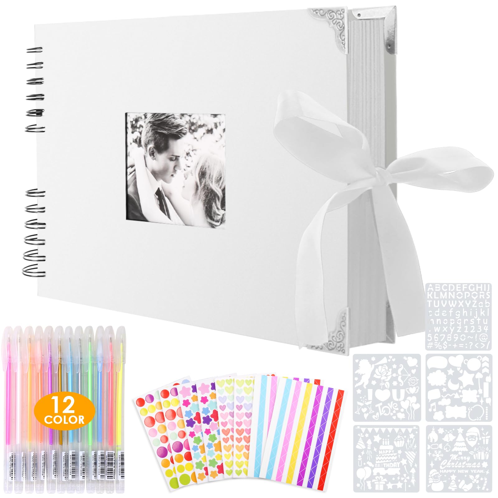 Album de Fotos Scrapbook Espiral, 80 Páginas Blanco DIY Scrapbooking Album Set con 2pcs Photo Corners 6pcs Pegatinas 5pcs Plantillas 12 Rotuladores de Colores, para Boda Aniversario Cumpleaños Navidad