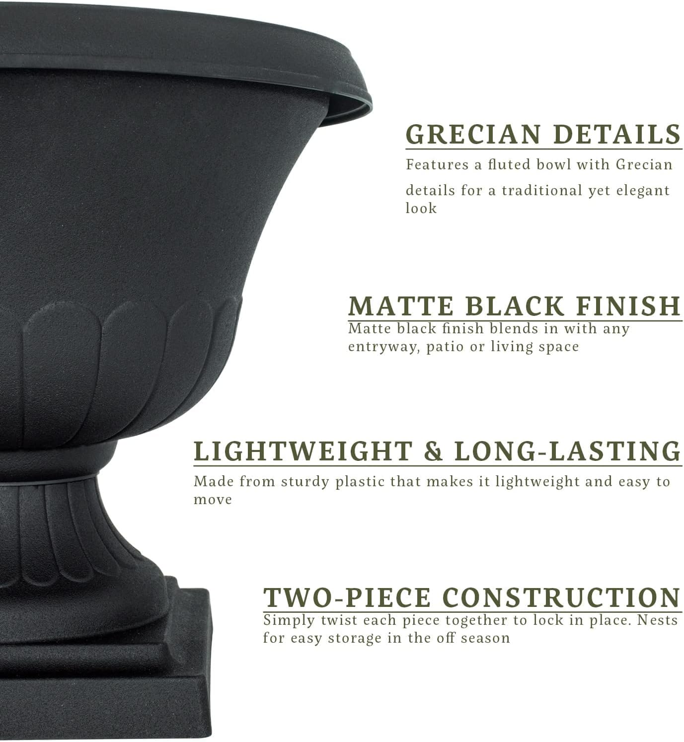 HowPlumb 2 Pack 12-in. Flat Black Classic Urn Plastic Planter for Indoor and Outdoor Use