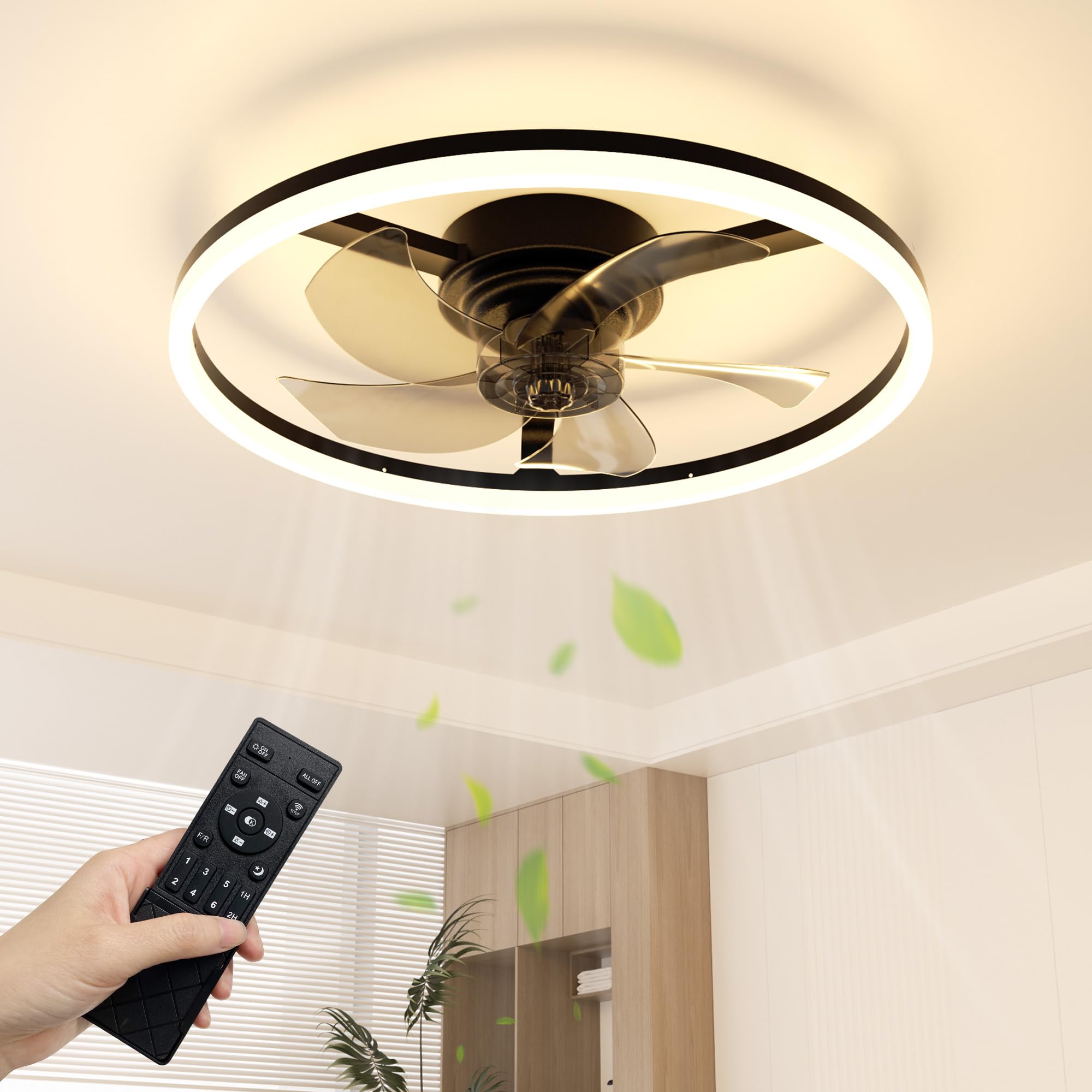 NIORSUN Ceiling Fans with Lights and Remote, 6 Speeds and 3000K-6500K Dimmable Quiet Ceiling Fan Lights, 50cm 3600LM Modern Smart LED Ceiling Fan Light for Bedroom Living Room Dining Room (Black)