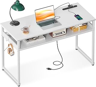 ODK 机 pcデスク パソコンデスク 幅100cm ゲーミングデスク 収納付き コンセント付き 勉強机 computer desk 桌子 ワークデスク 电脑桌 フック2個付き コンパクト テレワーク用 省スペース 組立簡単 白い