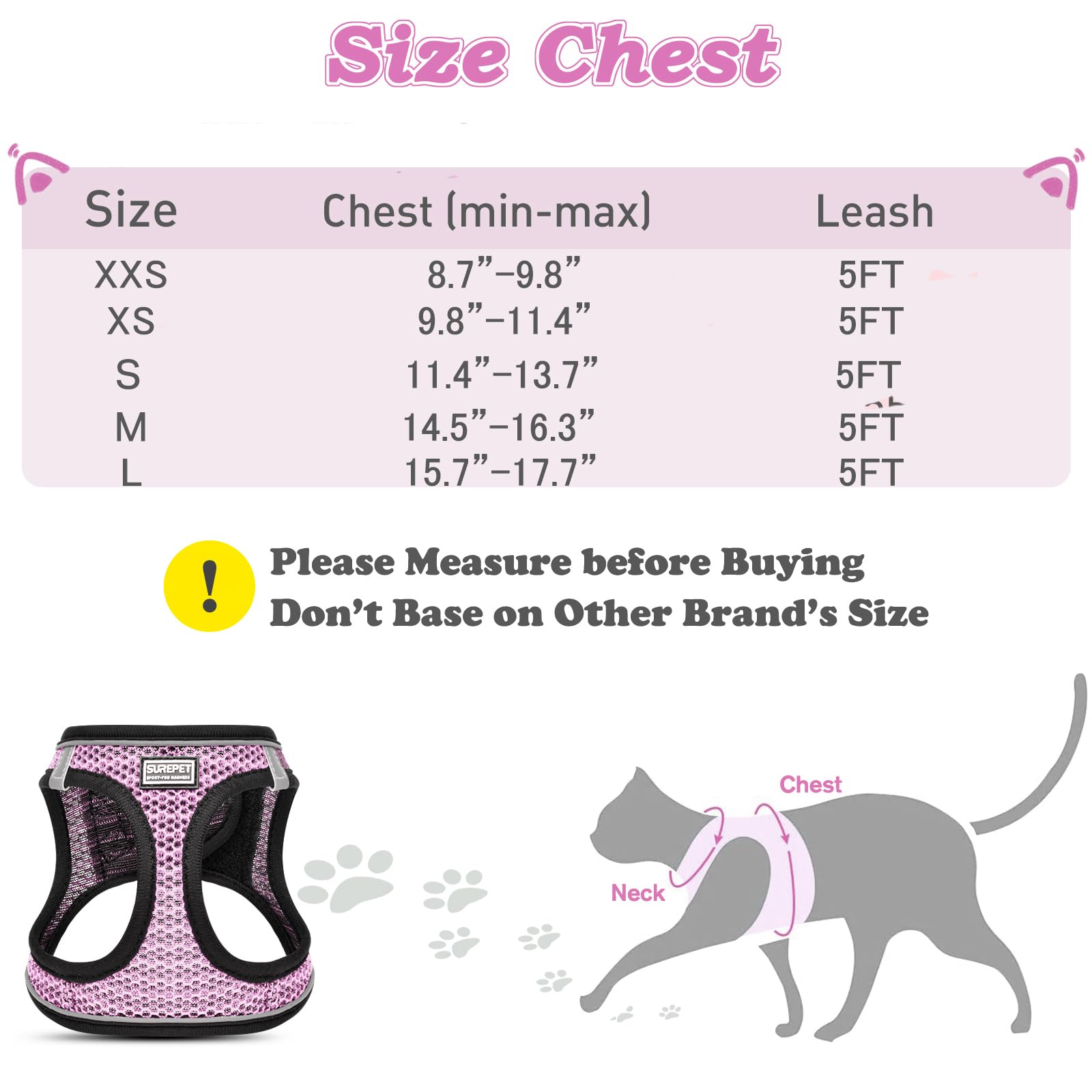 Harnais et laisse pour chat anti-fugue - Réglable - Maille souple réfléchissante - Confortable - Facile à contrôler - Rose - Taille S