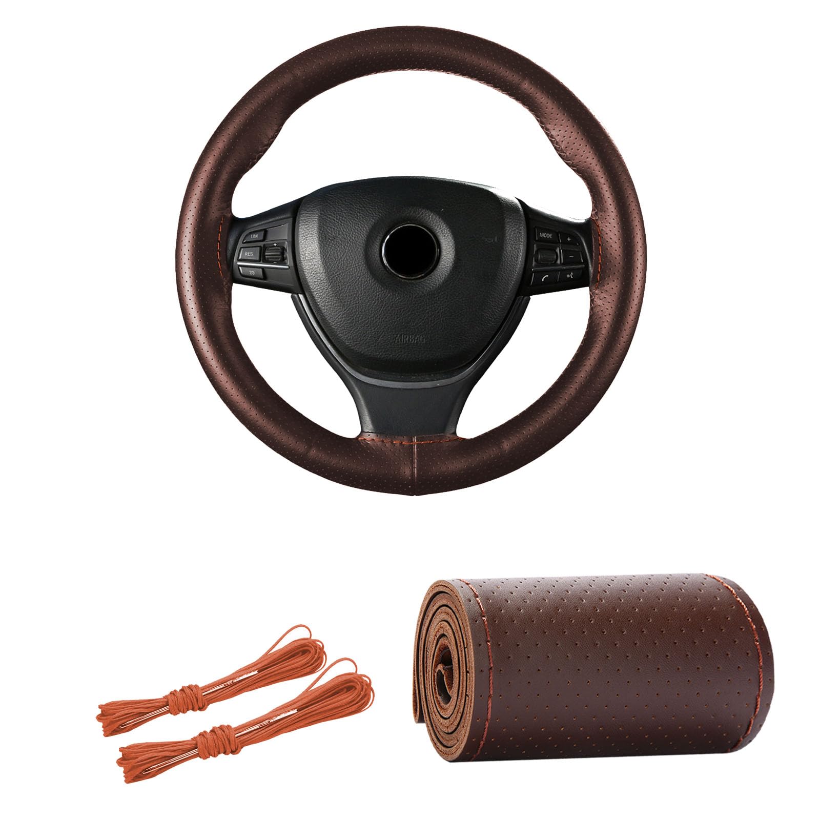 Kewucn Genuine Leather Steering Wheel Cover, 15" Universal Car Steering Wheel Protector with Needle Thread, Breathable Anti-Slip Steering Wheel Cover DIY Stitch on Wrap (Coffee, Full Hole)-image-41