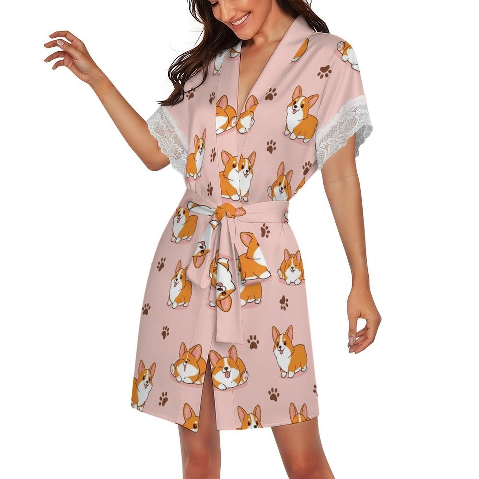 Womens Silk Robe Short Lace Bathrobe Comfy Sleepwear Nightgown