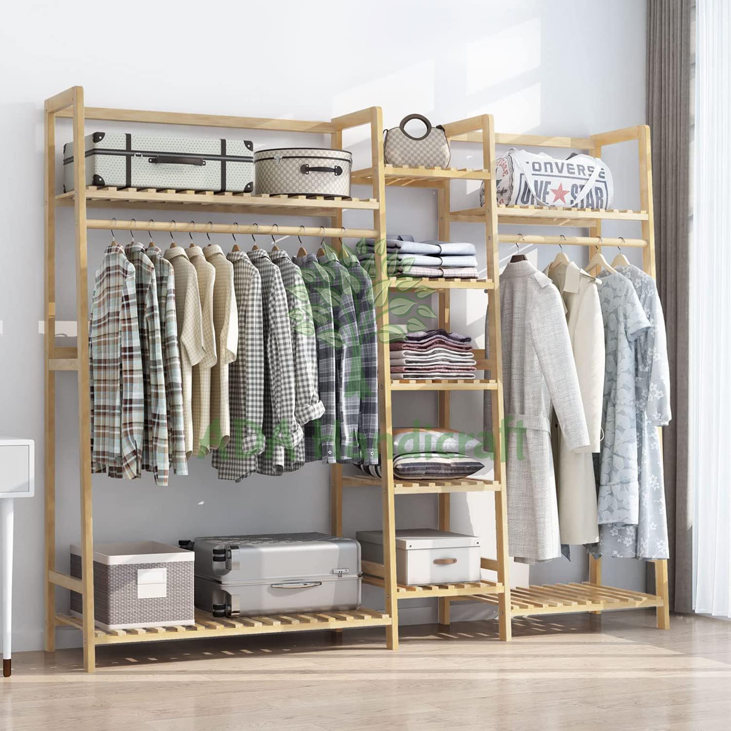 ADA Handicraft Premium Multifunctional Bamboo Dual Rod Garment Rack Free Standing Wardrobe Display Stand Bedroom, Bathroom, Shops, Laundry, Office Color - Brown (160 x 37 x 141cm)