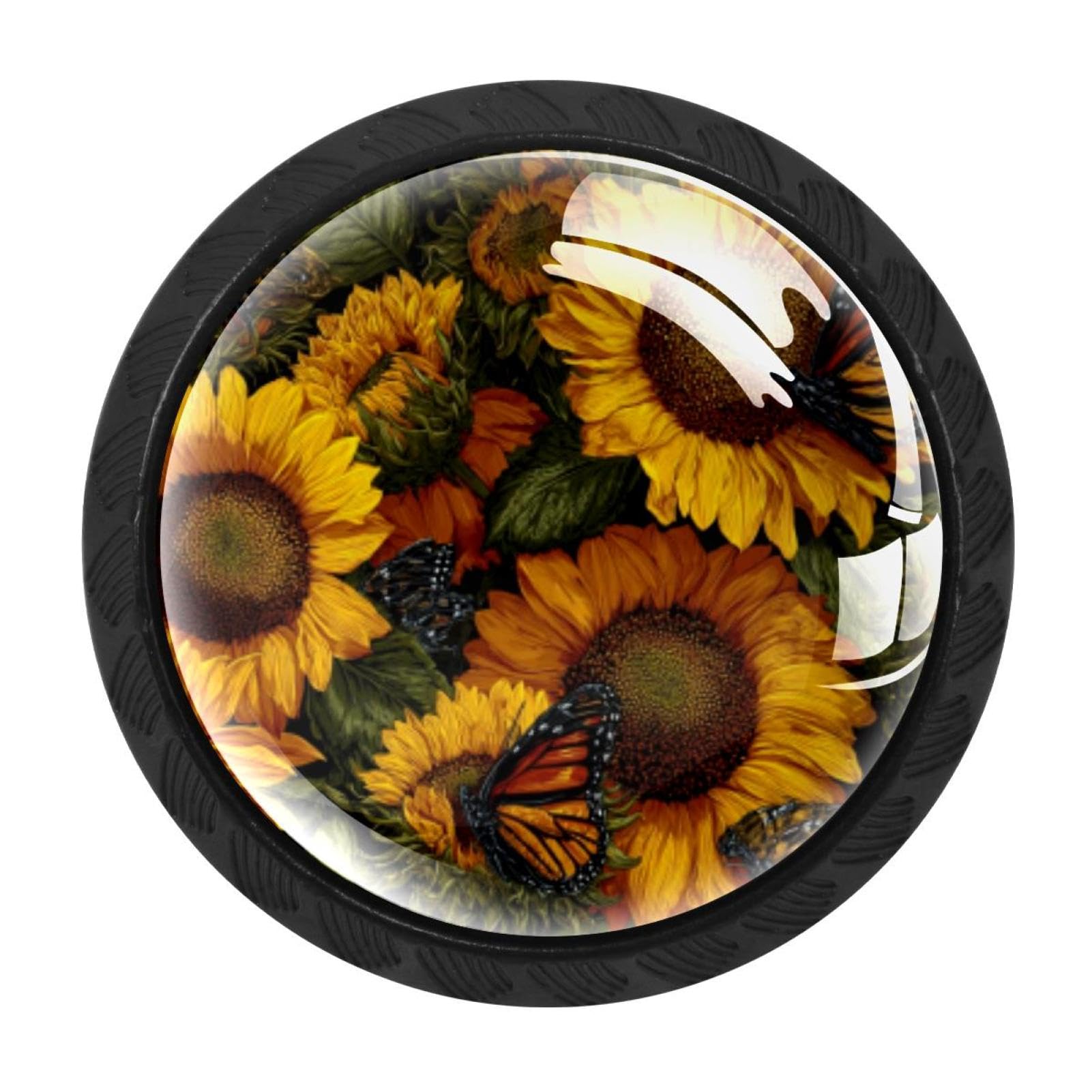 CHENZZZZ 4 Pack Cabinet Knobs Black Drawer Knobs Round Kitchen Cabinet Knobs Sunflowers Butterfly Cabinet Handles Hardware Dresser Knobs and Pulls for Bathroom Cabinets