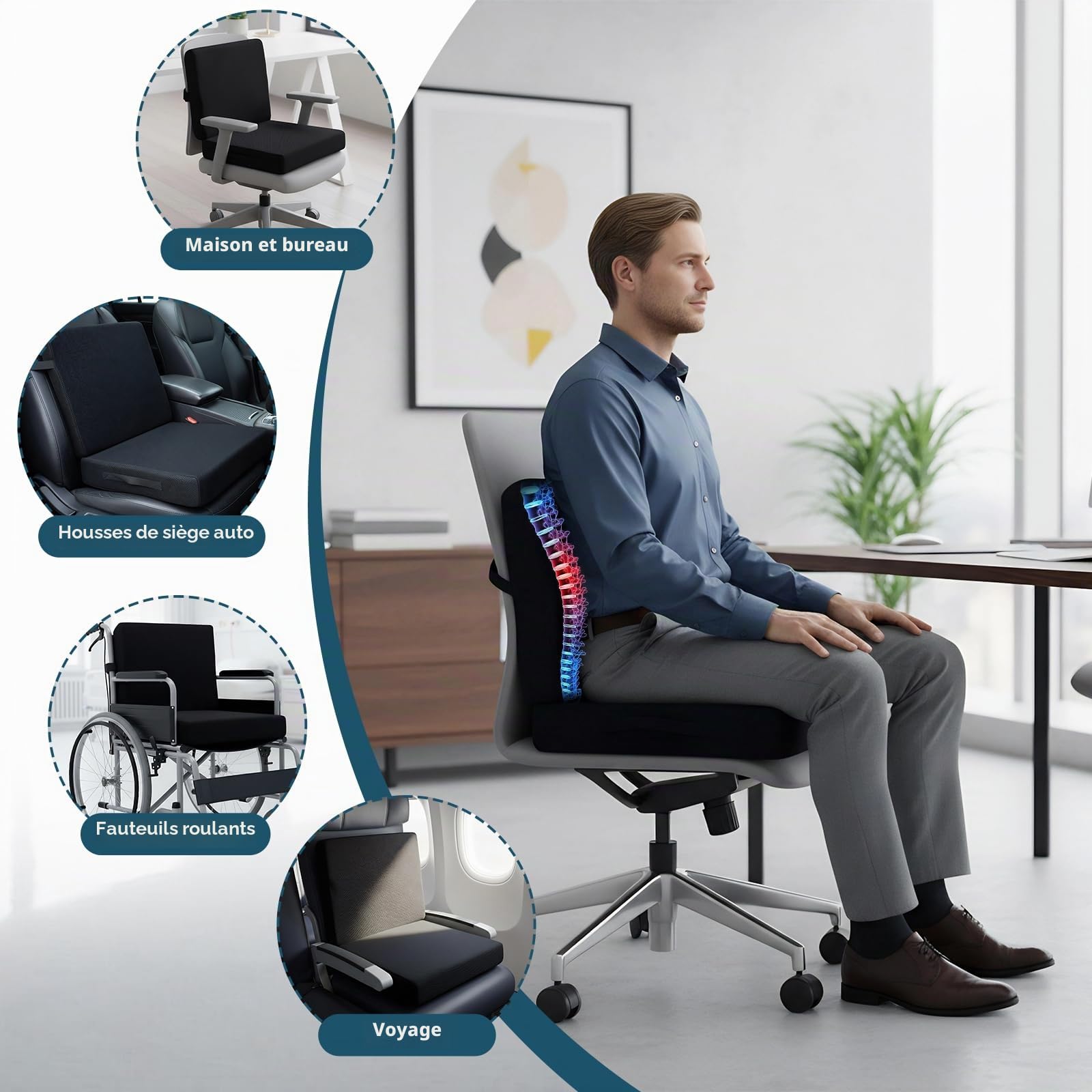Coussin d'assise avec Dossier pour chaises de Bureau sièges Auto et fauteuils roulants. Rehausseur de siège épais avec Dossier Coussin de Chaise en Mousse à mémoire de Forme Coussin Soutien Lombaire