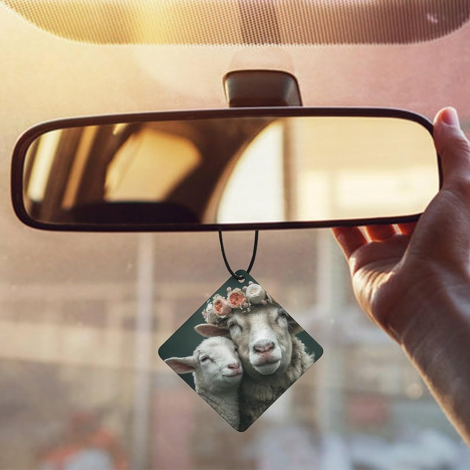 Cute Sheep with Floral Car Air Freshener Cute Hanging Aromatherapy Tablets for Car Home Rhombus
