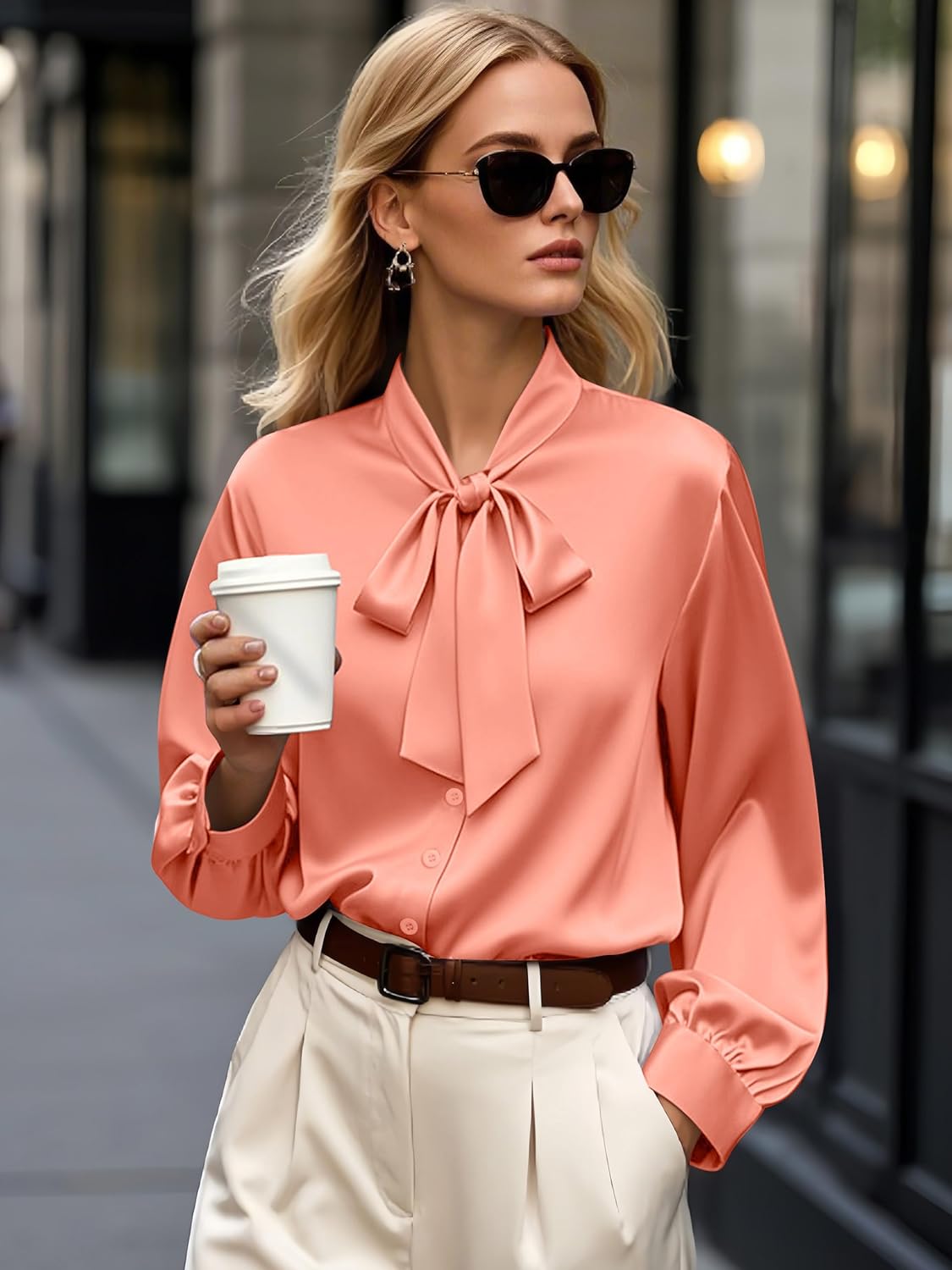 CBOO Women's Bow Tie Neck Button Down Shirts Silk Blouses Long Sleeve Elegant Satin Blouse Casual Dressy Business Tops - Image 2