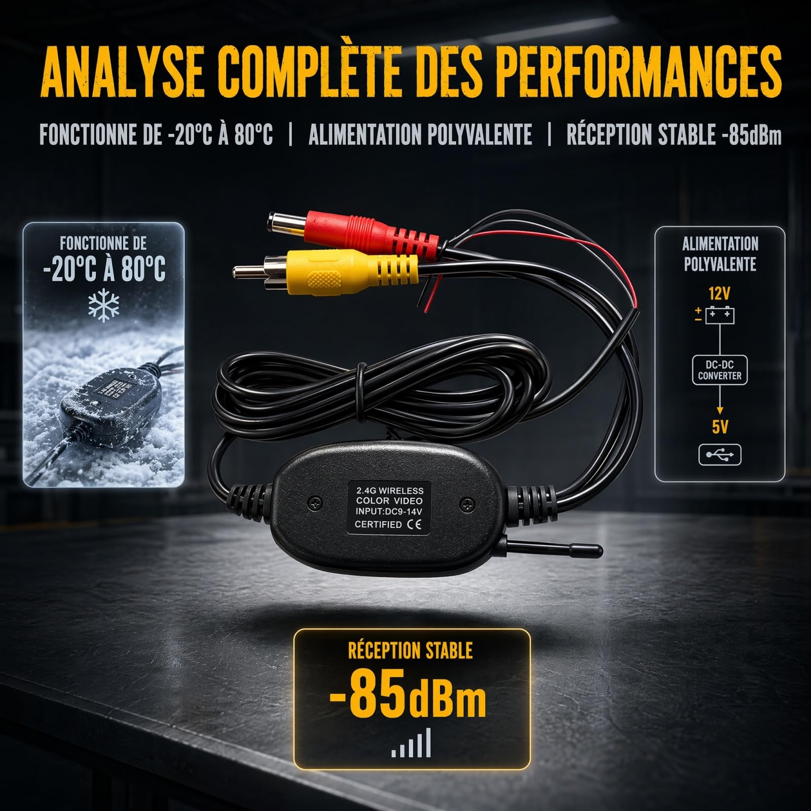 12 V/2,4 GHz Émetteur et récepteur vidéo sans Fil pour caméra de recul/caméra Frontale de véhicule Connexion Facile Via connecteur RCA