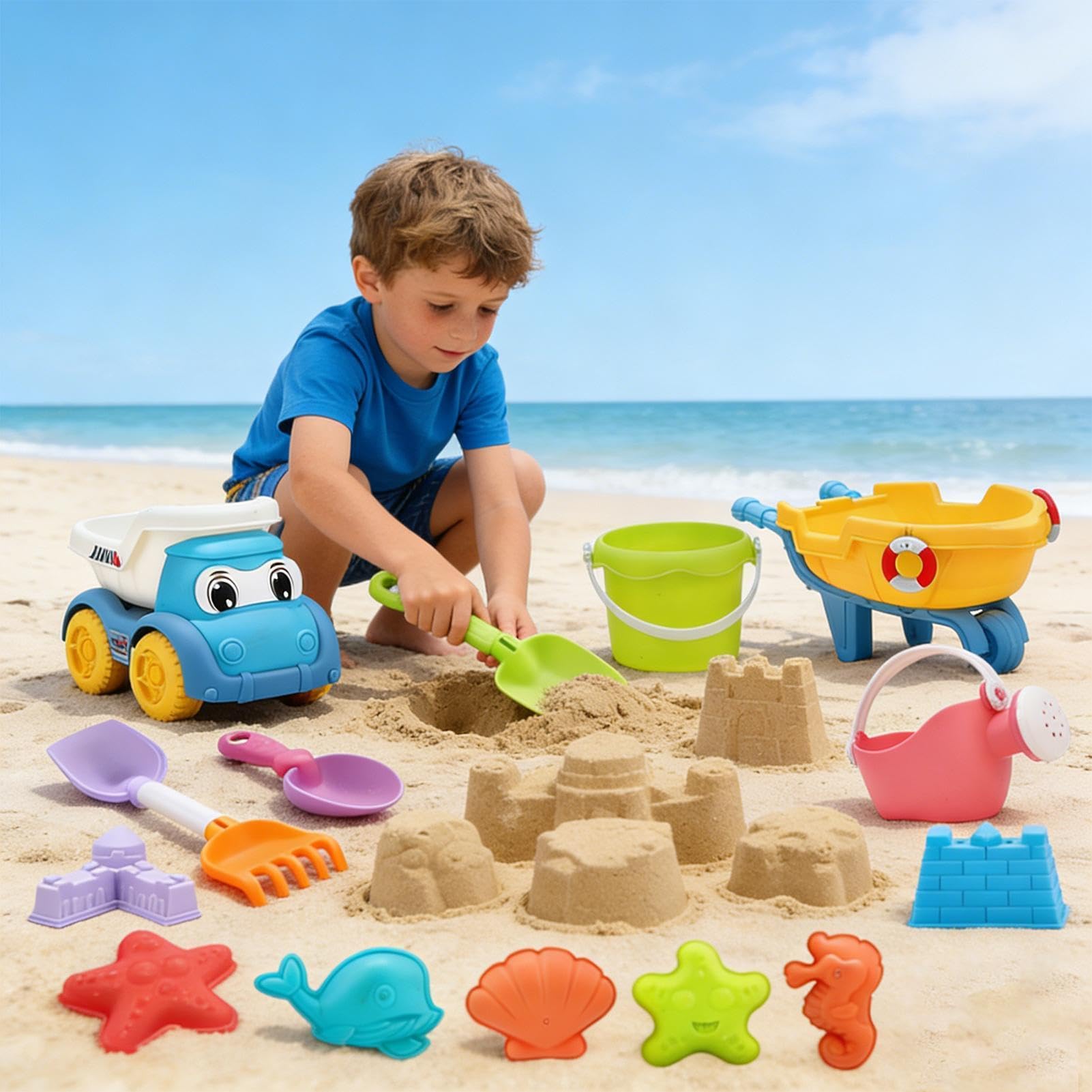 Juguetes de Playa para Niños 30 Piezas, Set de Arenas Completo con Rueda Hidráulica, Camión Volquete, Cubo, Moldes de Castillo y Pala, Juego de Arenero Exterior, Regalo Ideal Verano para Niños y Niñas