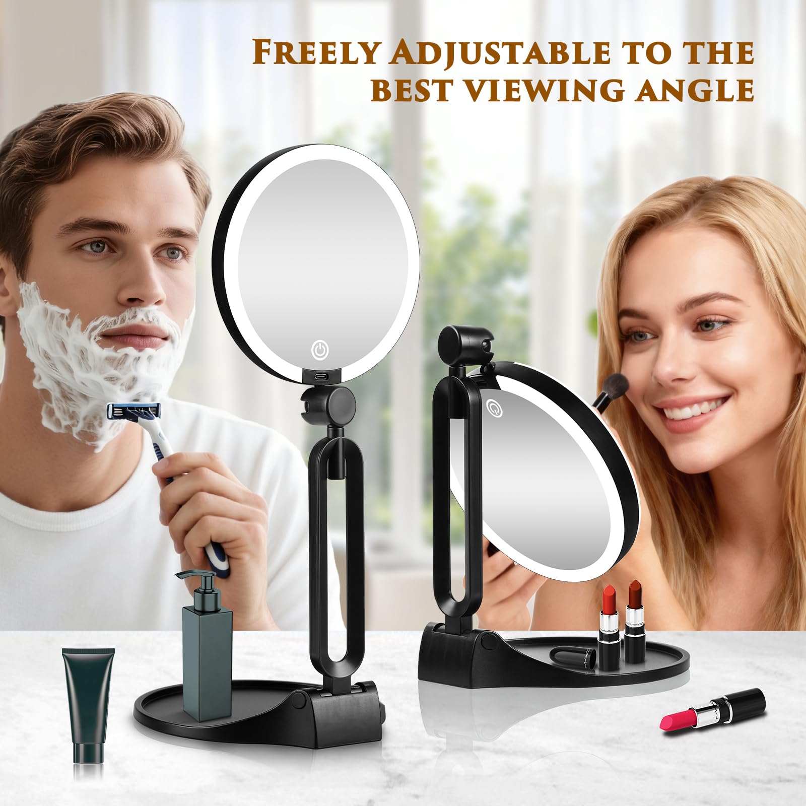 Espejo de maquillaje con aumento iluminado 30X/1X, espejo de maquillaje de doble cara con aumento 1X/30X y 3 luces de colores, espejo de escritorio recargable con aumento 30X y rotación de 360°