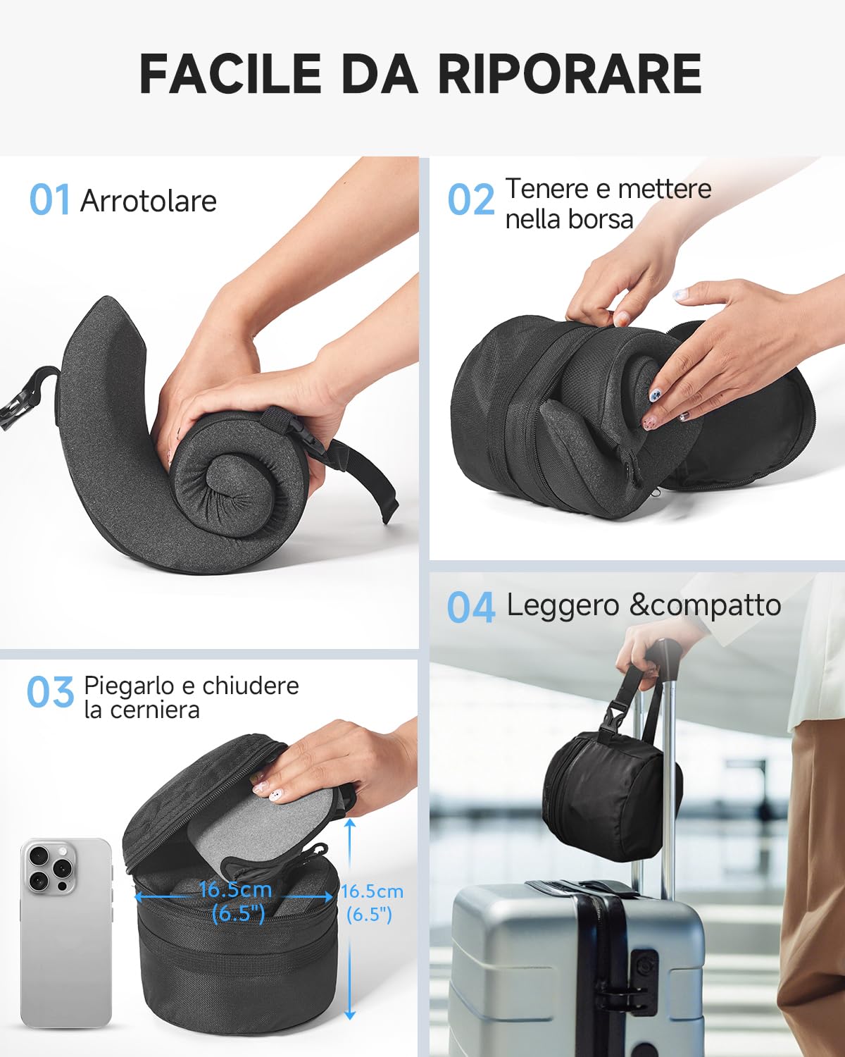 Umisleep Cuscino da Viaggio Memory Foam, Cuscino Cervicale per Aereo con Supporto 360°, con Maschera Occhi 3D, Cuscino da viaggio anticaduta testa per aereo, Ideale per Voli Lunghi, Grigio