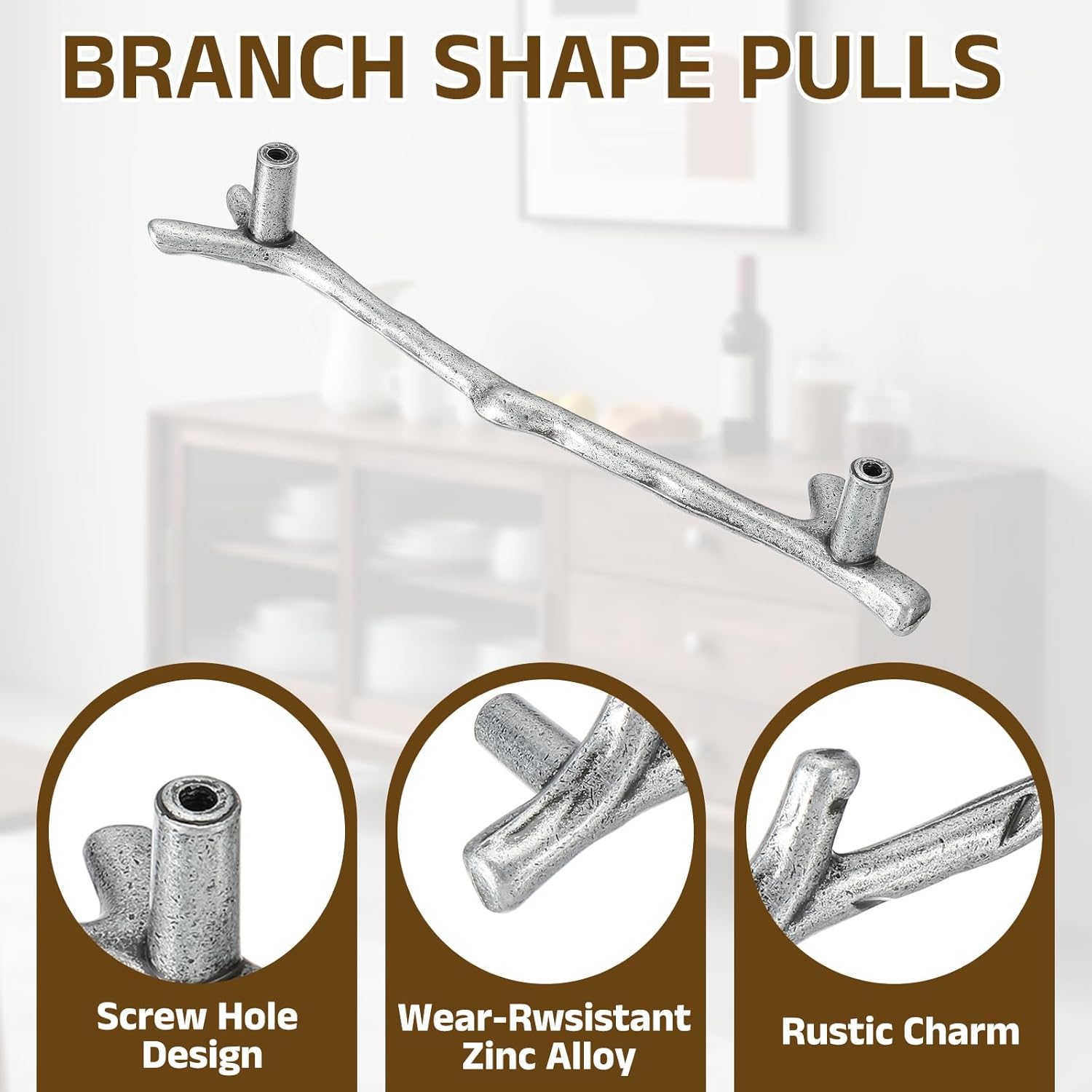 uxcell 25Pcs Twig Knobs, 6" Zinc Alloy Tree Branch Furniture Dresser Pull Handles for Kitchen Wardrobe Farmhouse (Bronze, 5" Hole Distance)