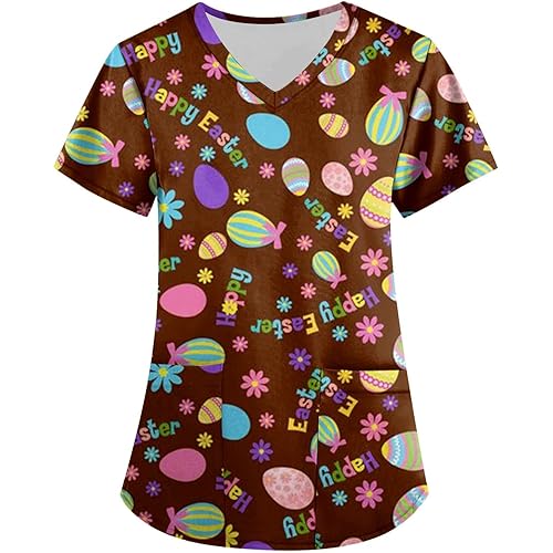 Easter Scrub Tops Women, Plus Size Scrub Tops Easter Stretchy Short Sleeve Nurse Tshirts Pockets 04-Coffee XL