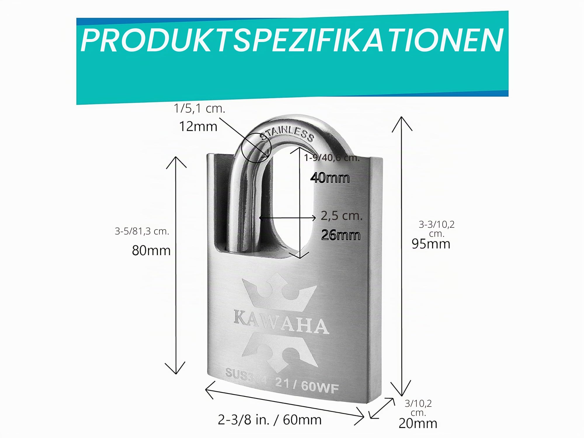 21/60-2HP Hochsicherheits-Vorhängeschloss aus Edelstahl mit Edelstahlschlüssel für den Innen- und Außenbereich (schwere Ausführung, rostfrei) (60 mm, gleichschließend, 2er-Pack)