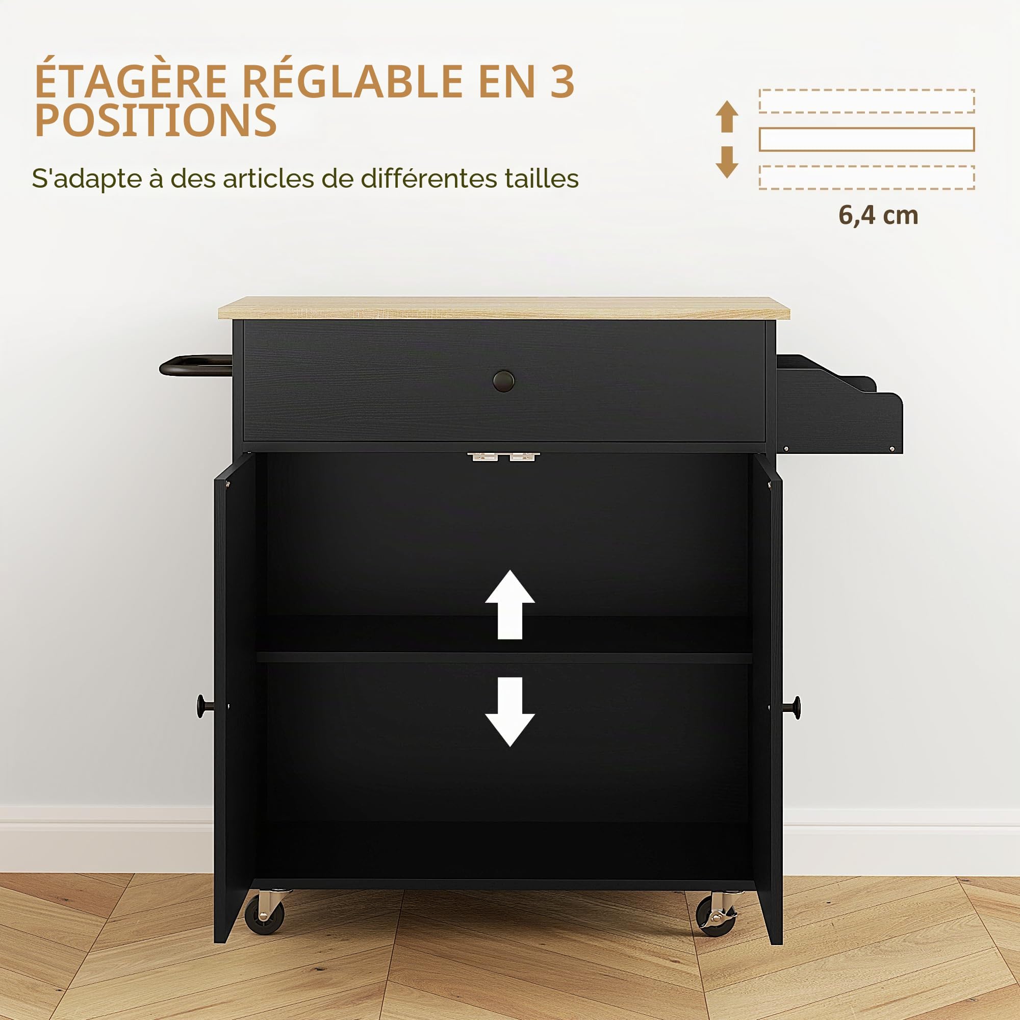 HOMCOM Îlot de cuisine avec aile rabattable, meuble d'appoint sur roulettes, 2 portes, tiroir, porte-serviettes et étagère ajustable, 106 x 42 x 87 cm, noir et chêne