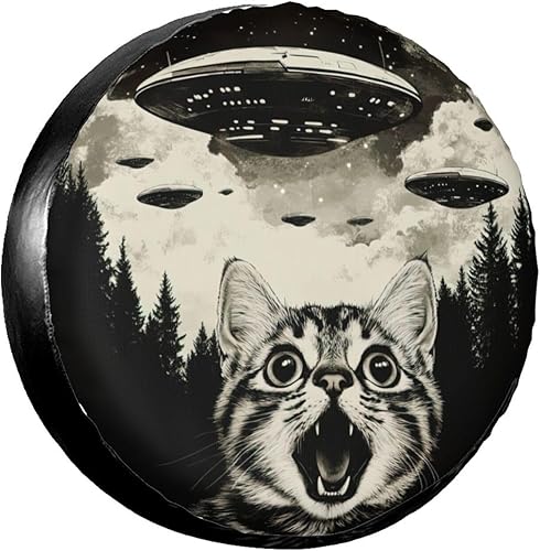 Cool Cat and UFO Spare Tire Cover Wheel Protectors Dust-Proof Wheel Tire Cover Fit Trailer, Rv, Sand Many Vehicle 14inch
